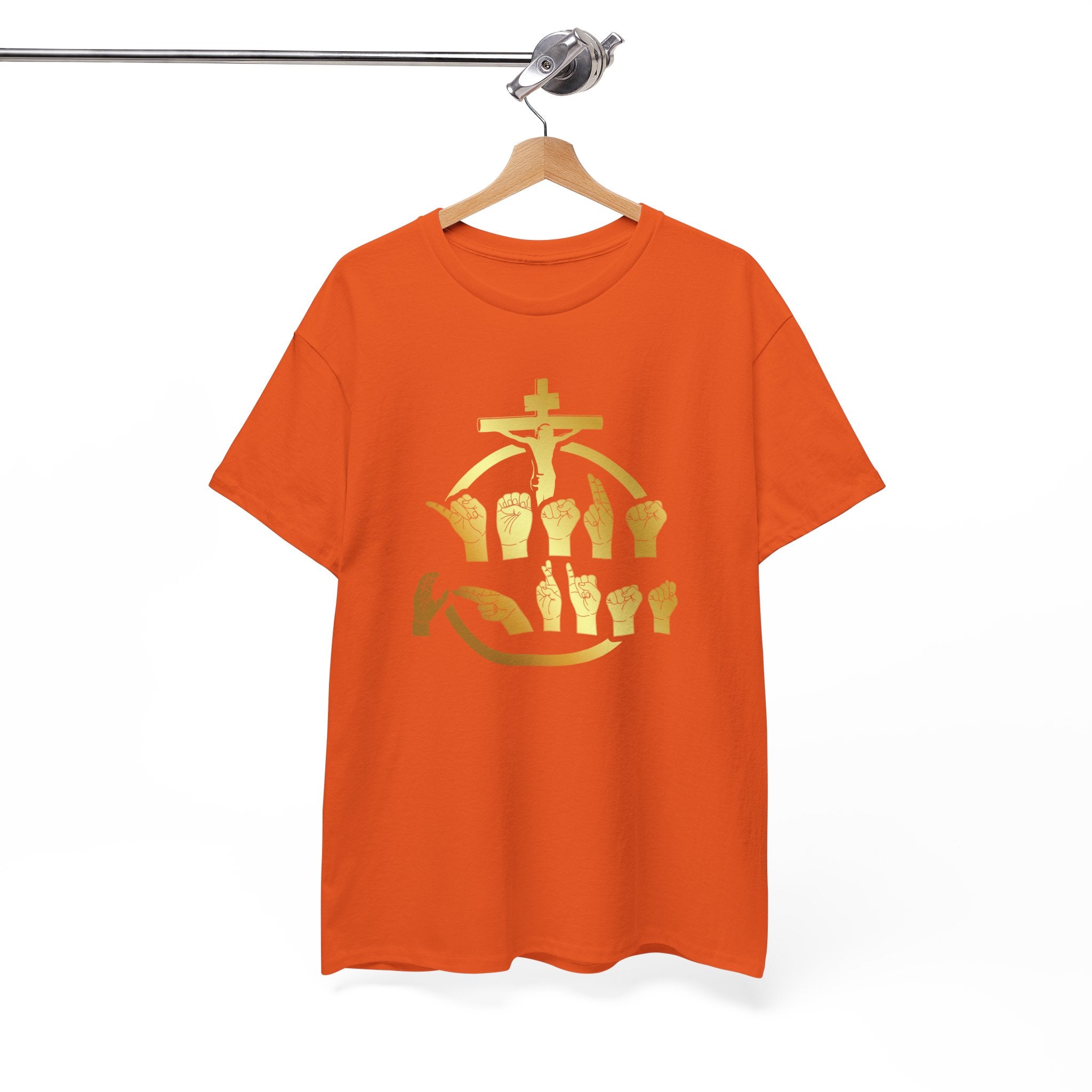 Christian Cross & Praying Hands T-Shirt — Gold Faith Design
