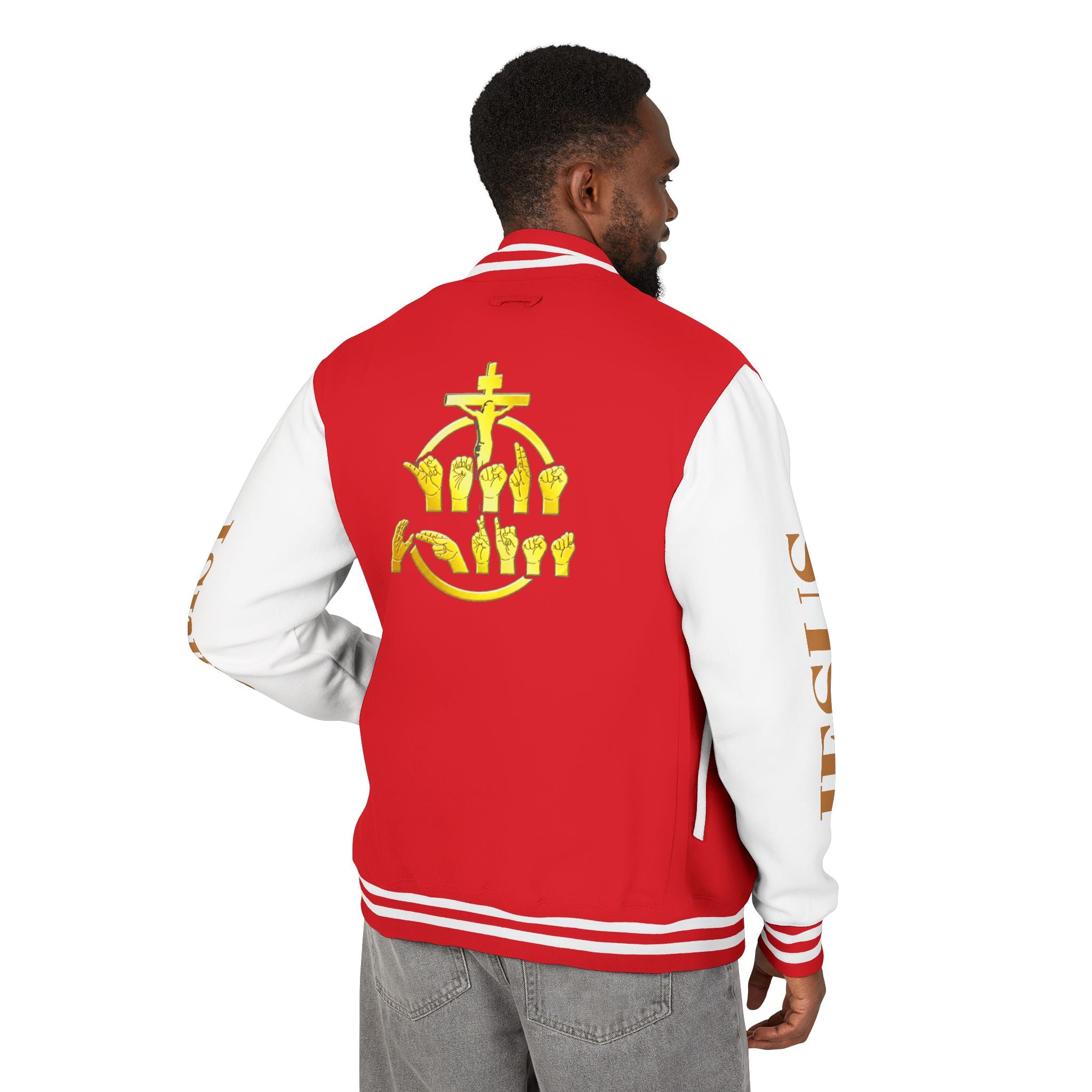 "Sign language Jesus Christ "     Christian Crown Letterman Jacket - 'Jesus Christ' Sleeve Varsity Jacket