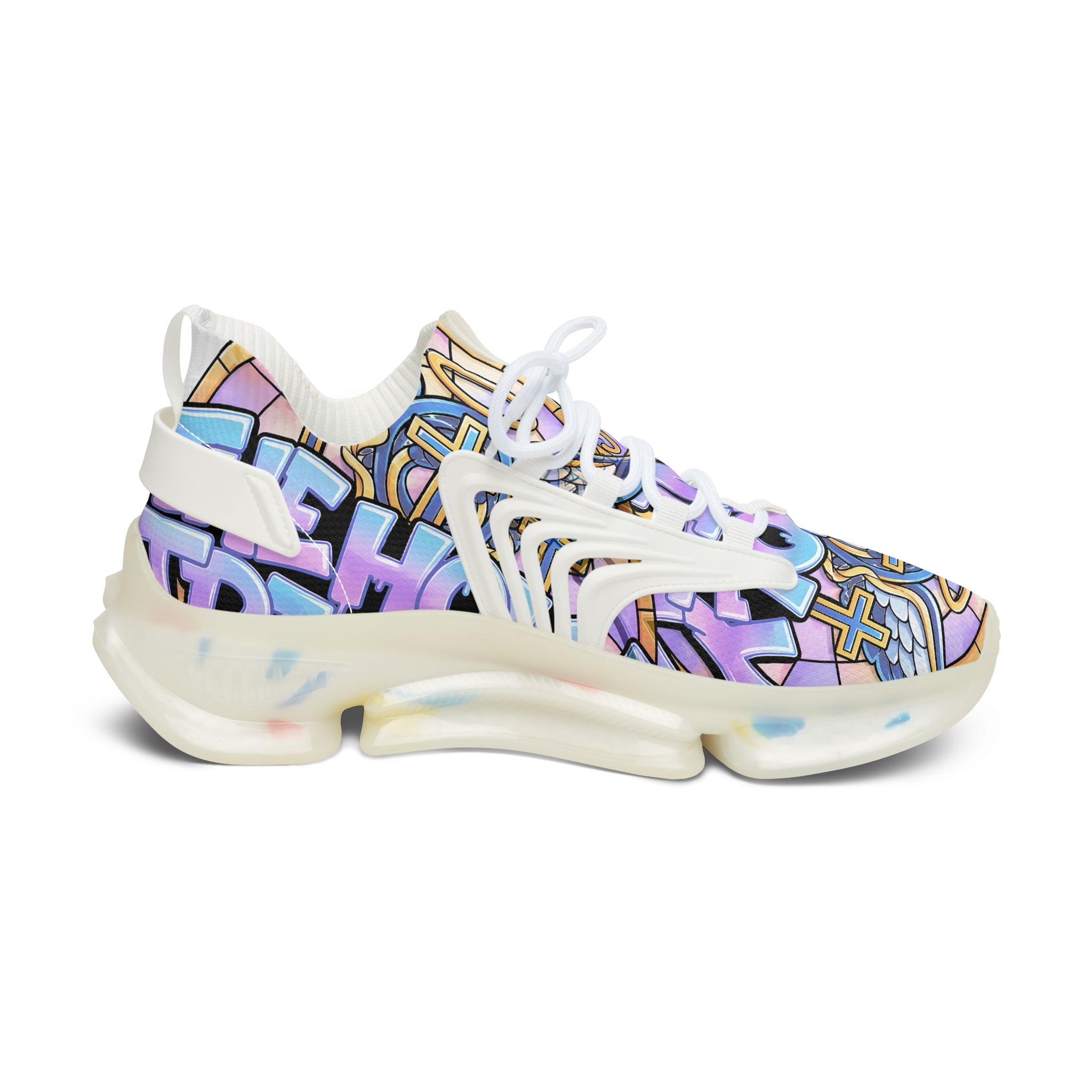 Men's Mesh Sneakers — "Holy Trinity " White Athletic Shoes with Pastel Graffiti Accent