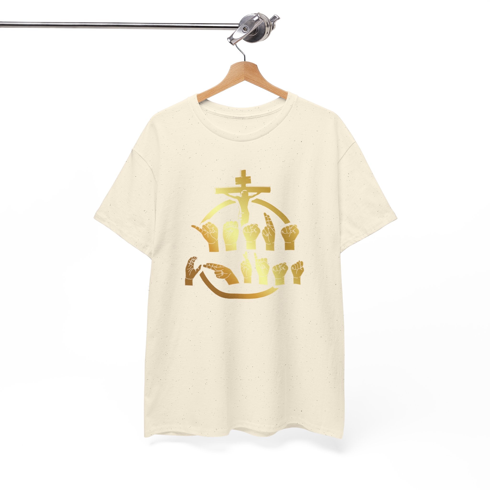 Christian Cross & Praying Hands T-Shirt — Gold Faith Design