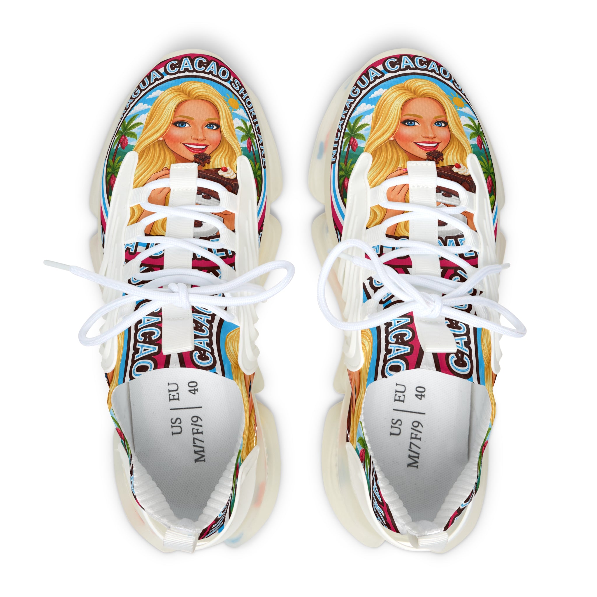Women's Mesh Sneakers —"  Nicaragua Cacao Shortcake "Colorful Retro Barbie-Inspired Graphic Trainers