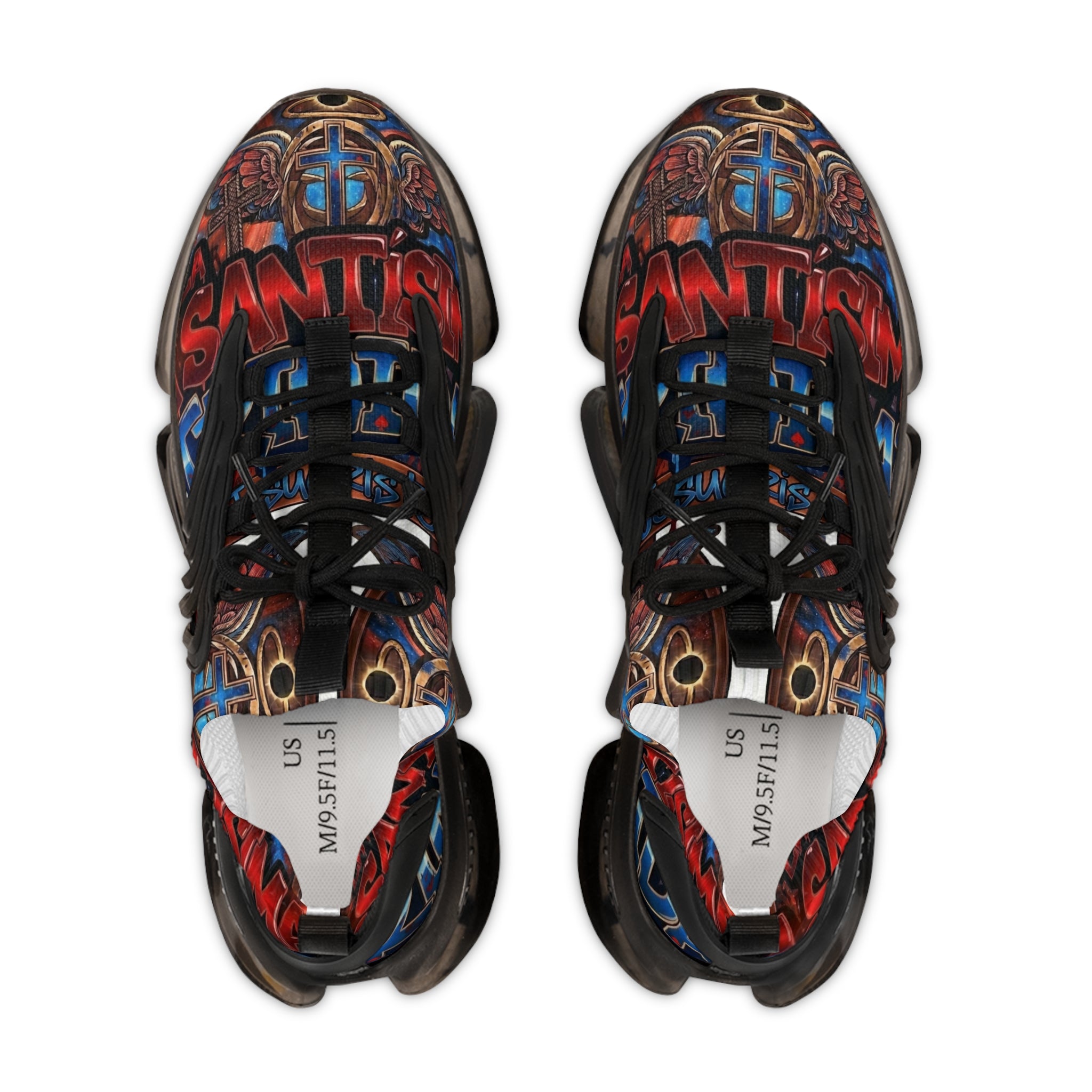 Men's Abstract Red Blue Athletic Sneakers — "La Santísima Tranidad"  Bold Pattern Mesh Running Shoes