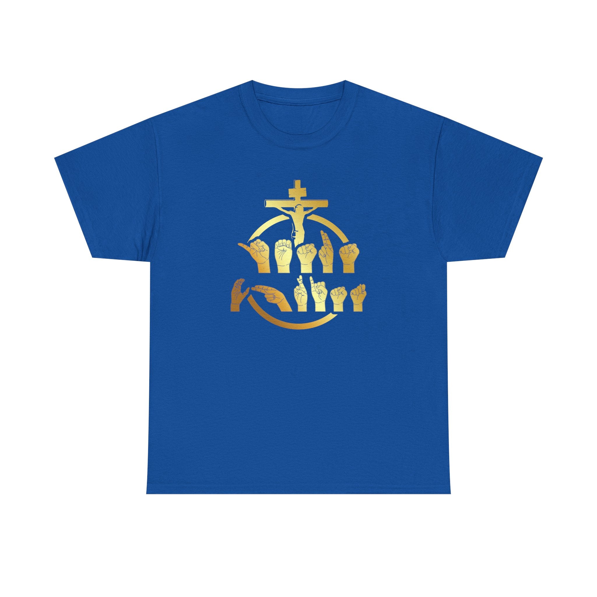 Christian Cross & Praying Hands T-Shirt — Gold Faith Design