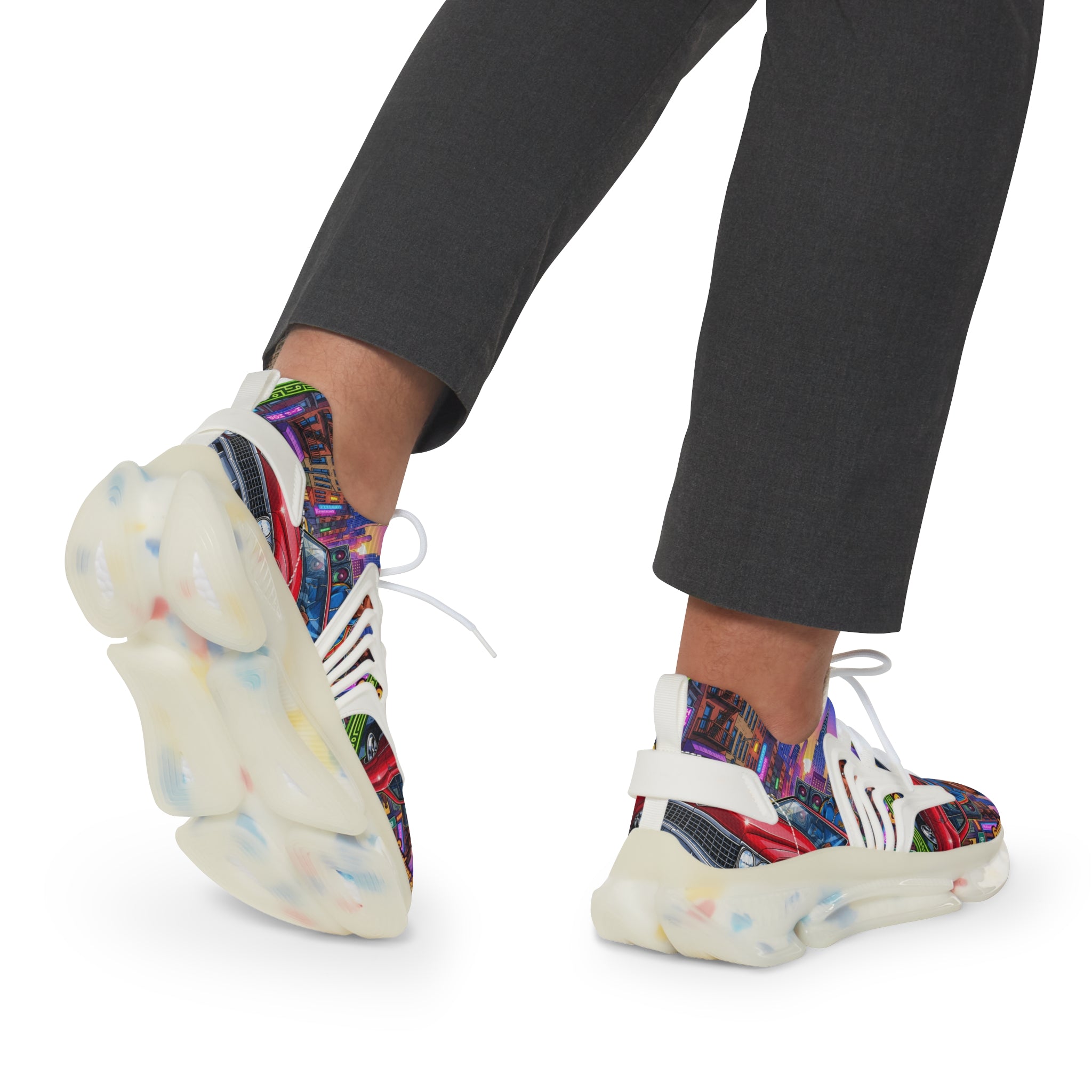 Custom Graphic Mesh Sneakers — "That Hip-hop From 92 Be Bumping" Colorful Cityscape Portrait Design