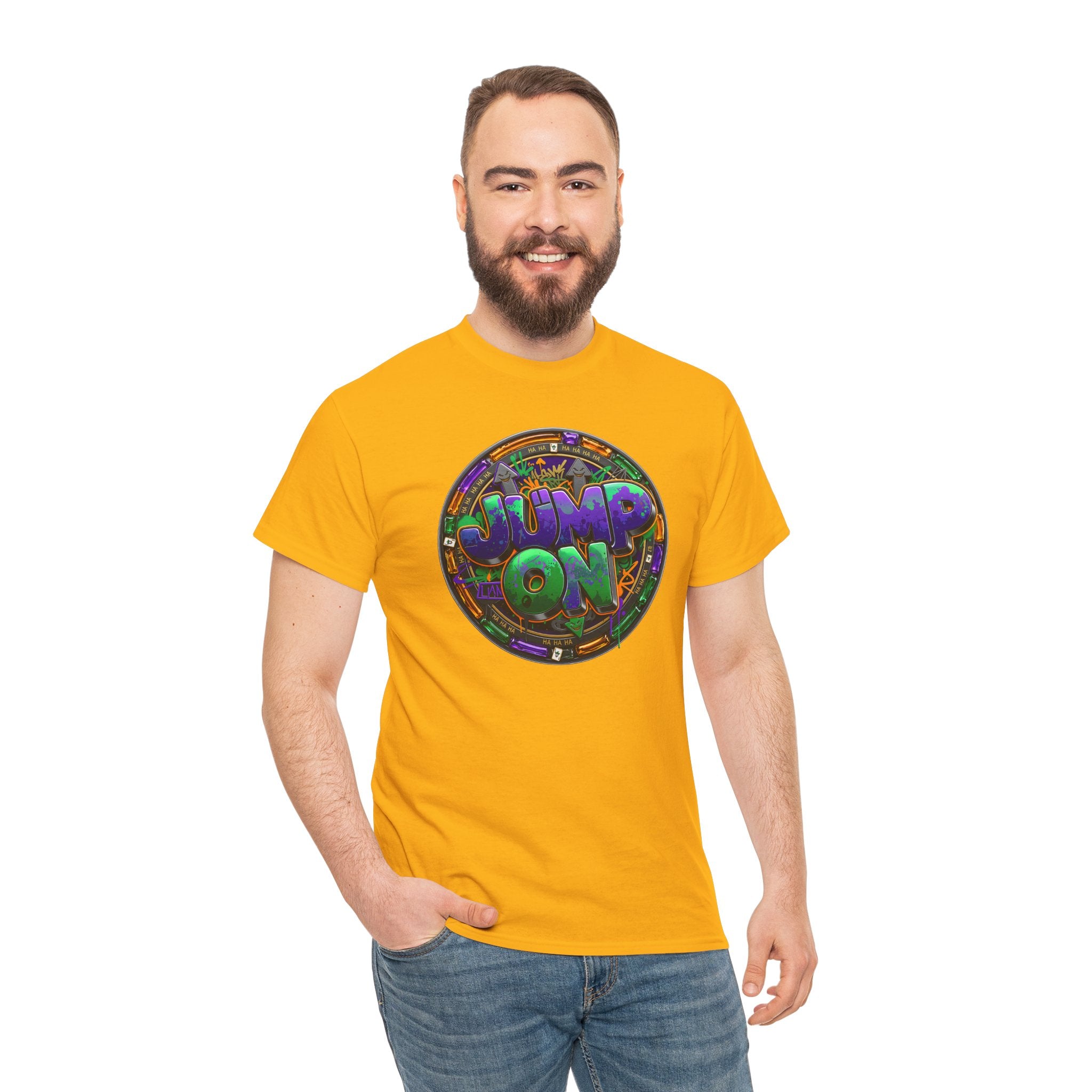 " Jump On" Circle Graphic Tee — Retro Neon Streetwear T-Shirt