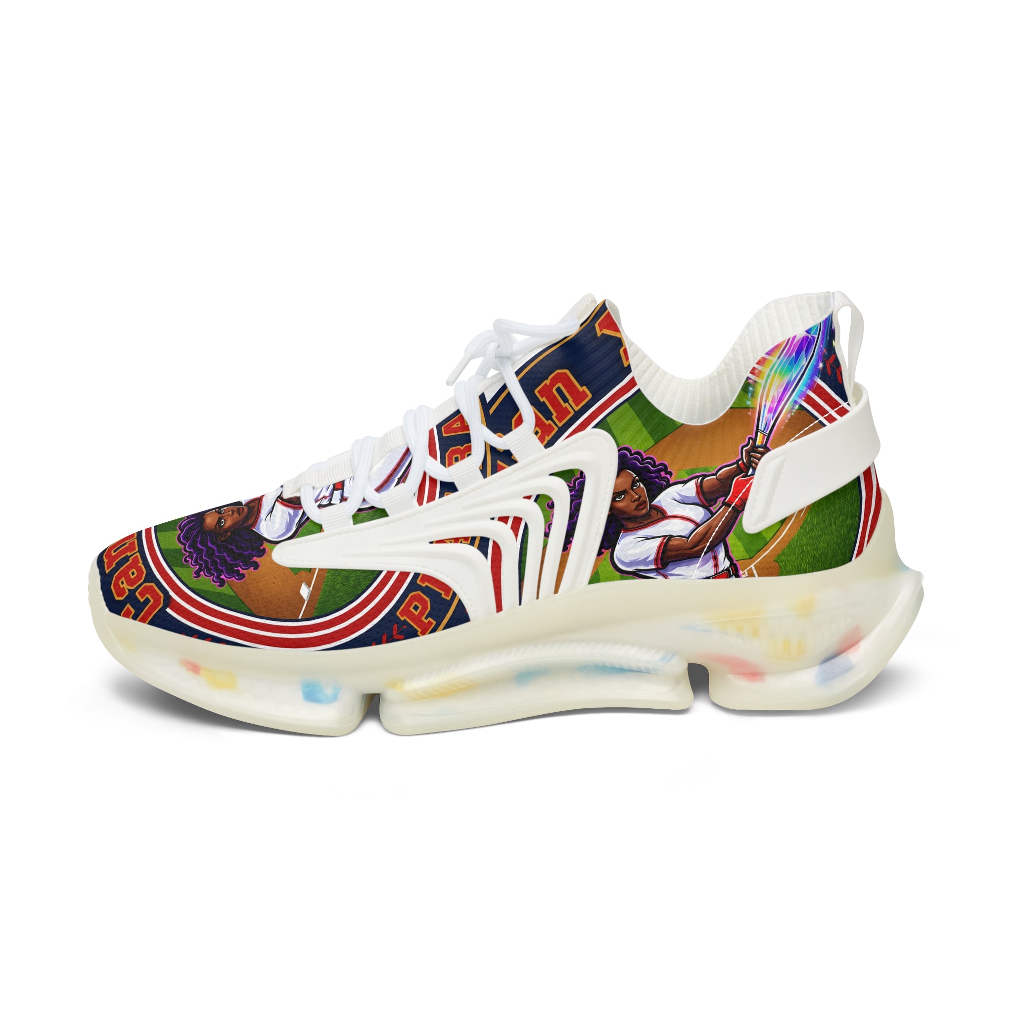 Women's Mesh Sneakers — " Can You Play Baseball "Vibrant Afrocentric Athletic Shoes with 'I Can You' Graphic