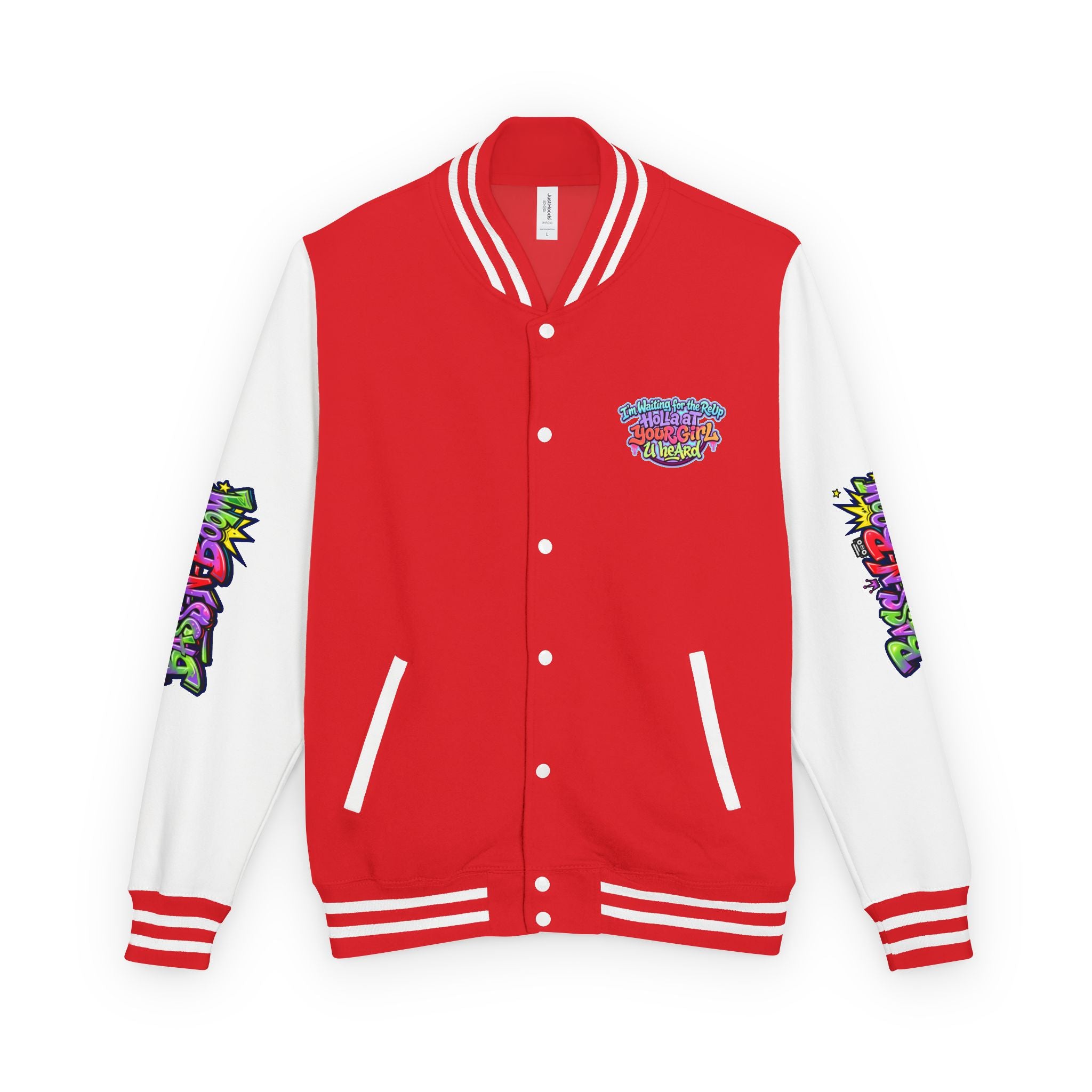 Letterman Jacket — "I'm Waiting For The Reup" Colorful Retro Hip‑Hop Varsity