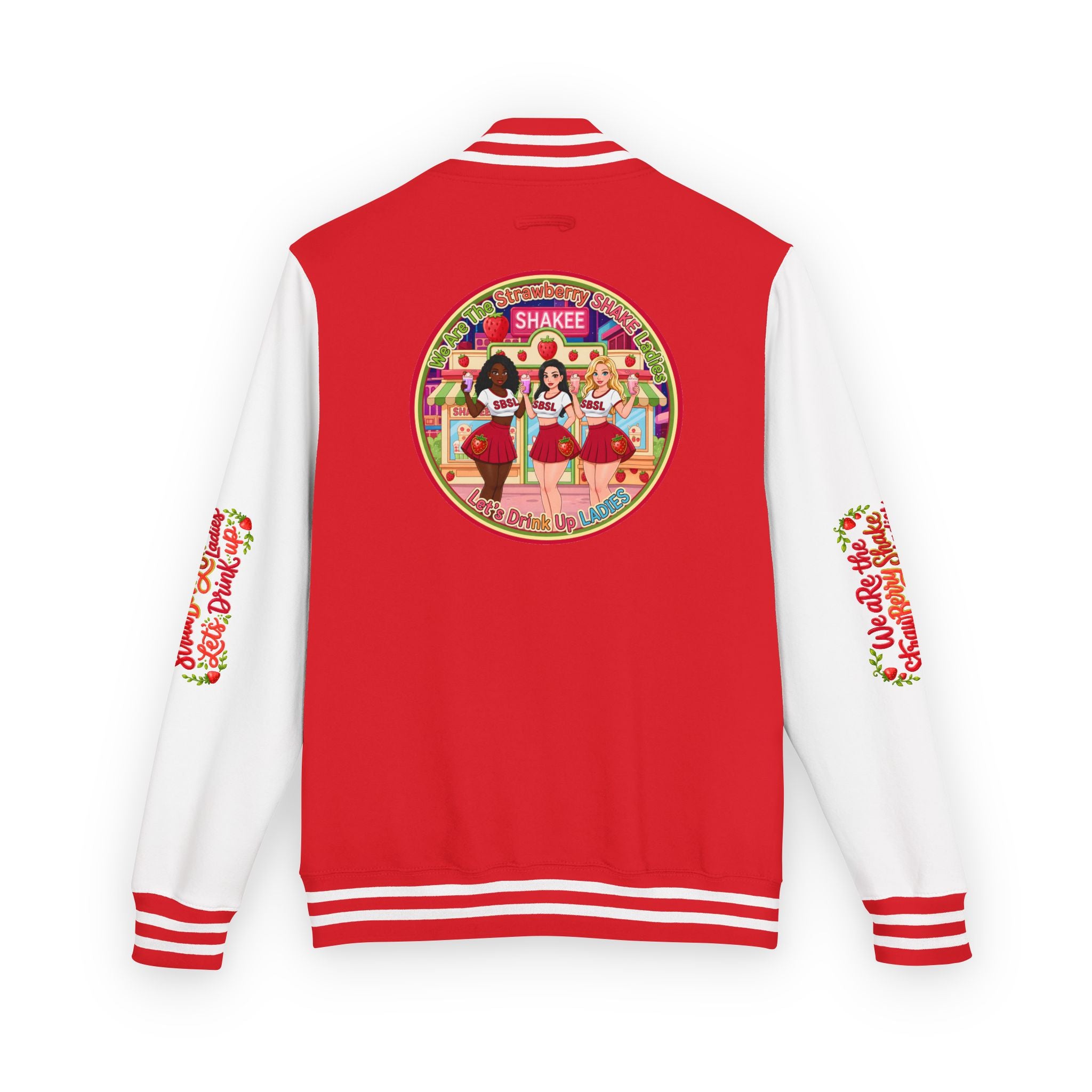 Letterman Jacket — " We Are The Strawberry Shake Ladies " Retro 'Shakee' Strawberry Girls Varsity Jacket