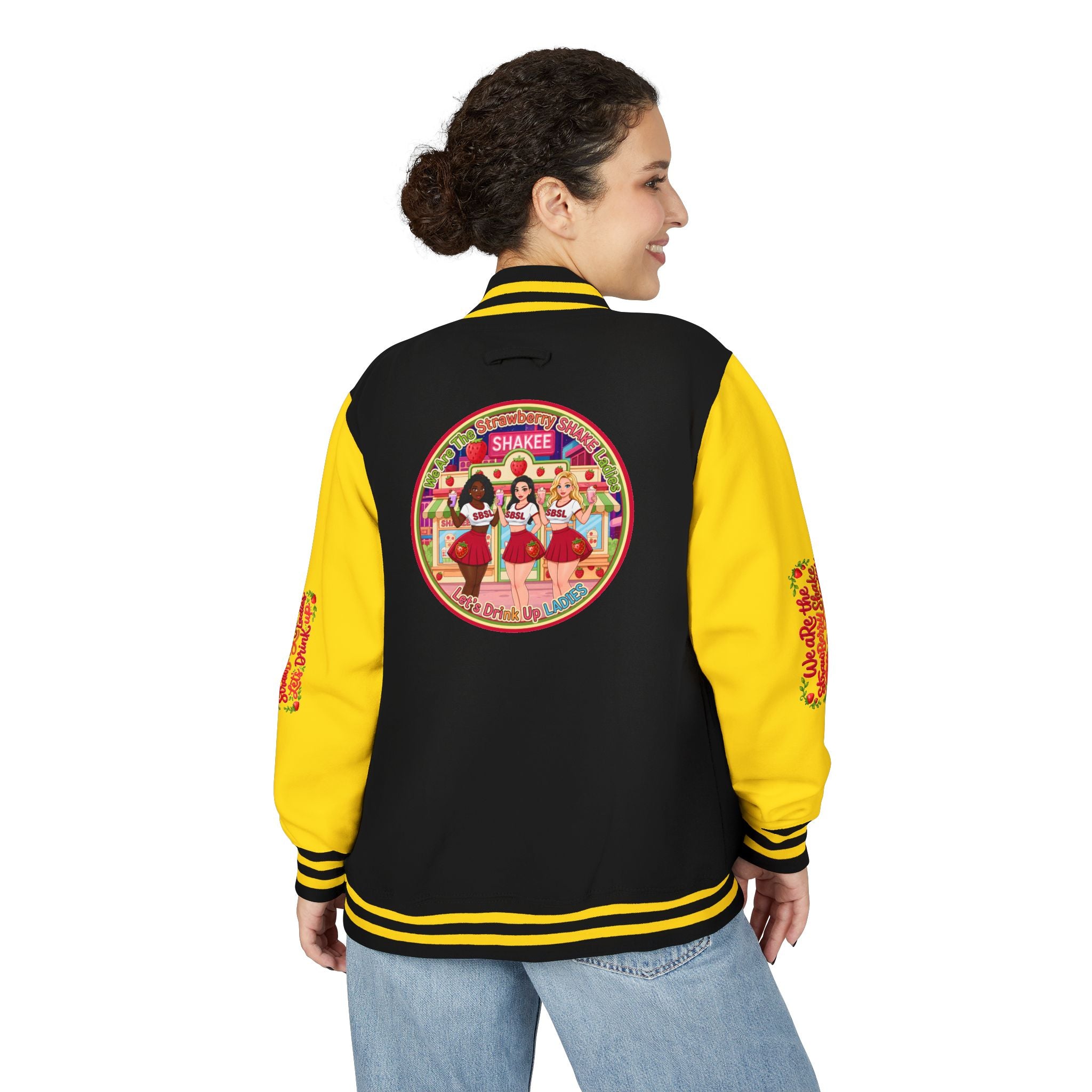 Letterman Jacket — " We Are The Strawberry Shake Ladies " Retro 'Shakee' Strawberry Girls Varsity Jacket