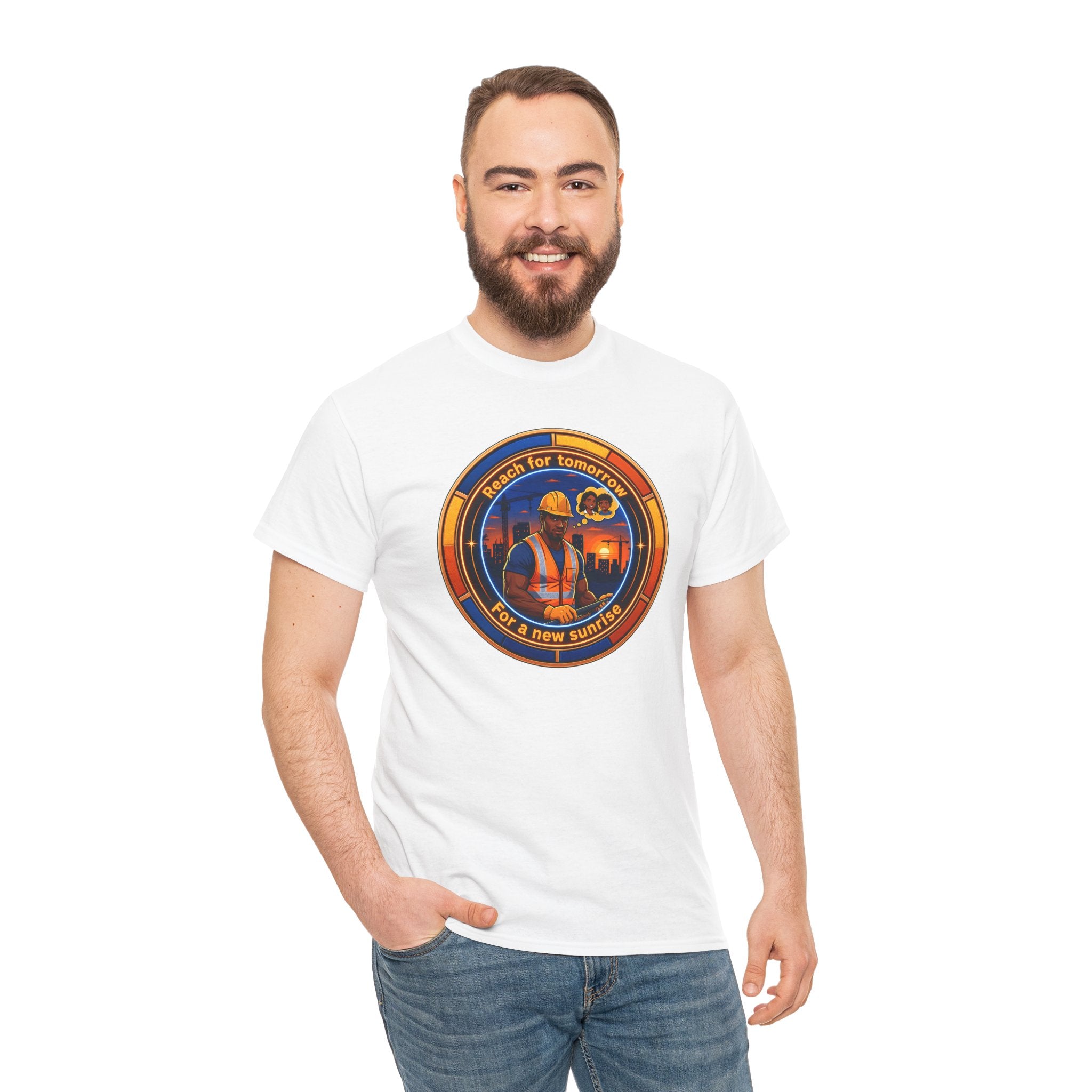 Construction Worker Sunset Tee — “Reach for Tomorrow ” Safety Crew T-Shirt