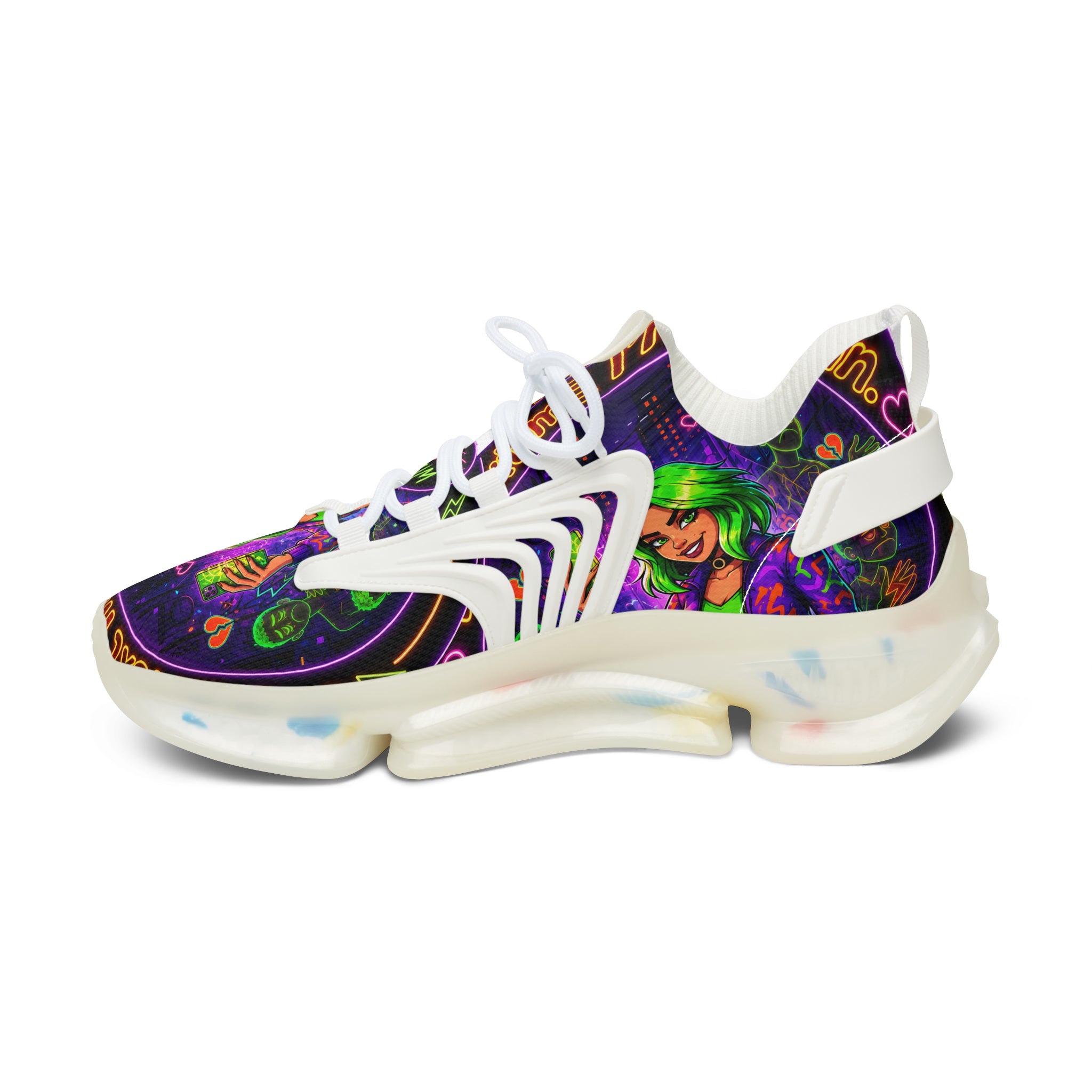 Mesh Sneakers — Neon Green Witch Graphic Athletic Shoes