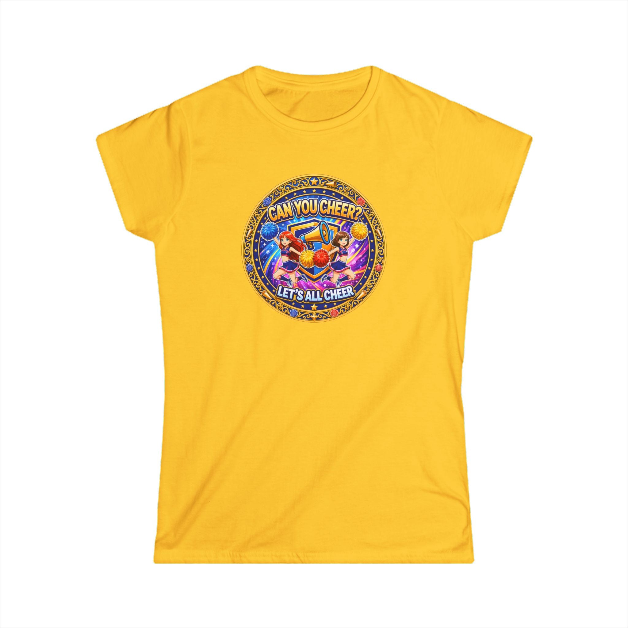 "Can You Cheer? Let's All Cheer" Women’s Graphic Tee — Colorful Cheerleading Spirit Shirt