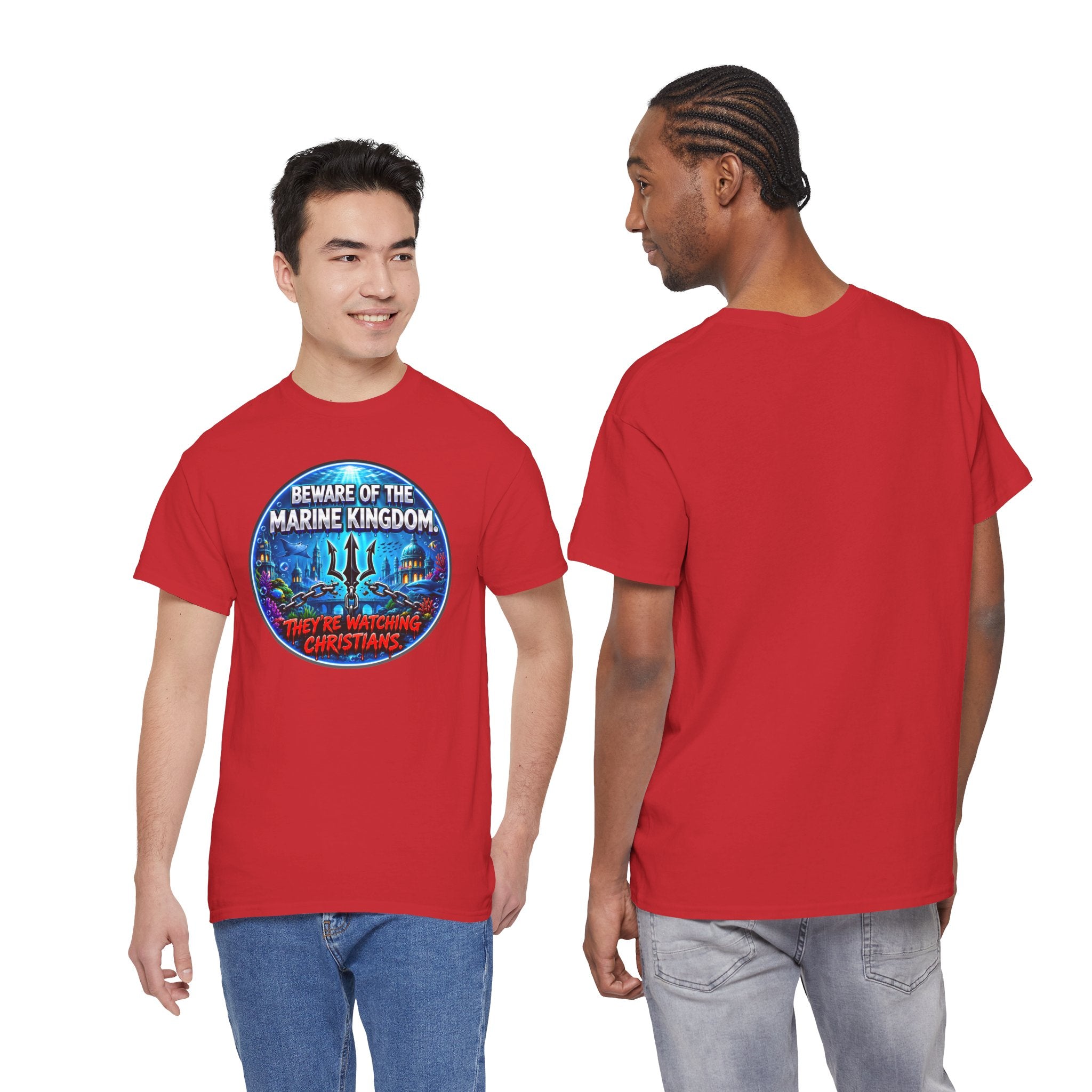 T‑Shirt — "Beware of the Marine Kingdom: They're Watching Christians" Vintage Ocean Graphic