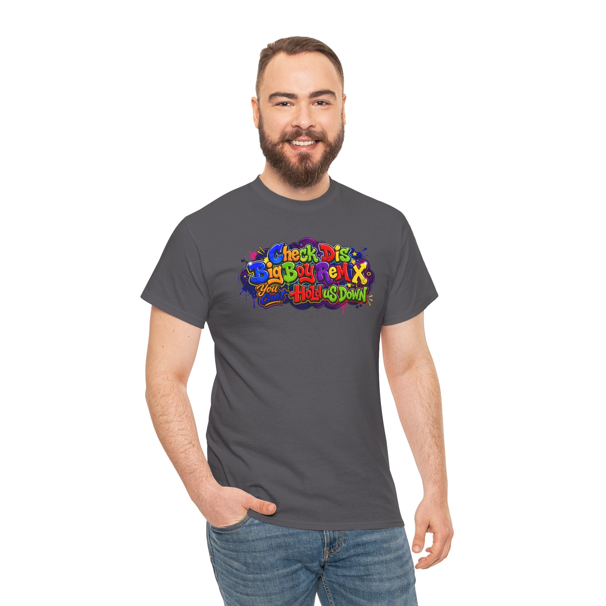 Graphic Tee — Colorful 'Check Dis Big Boy Remix' Retro Street Art T-Shirt