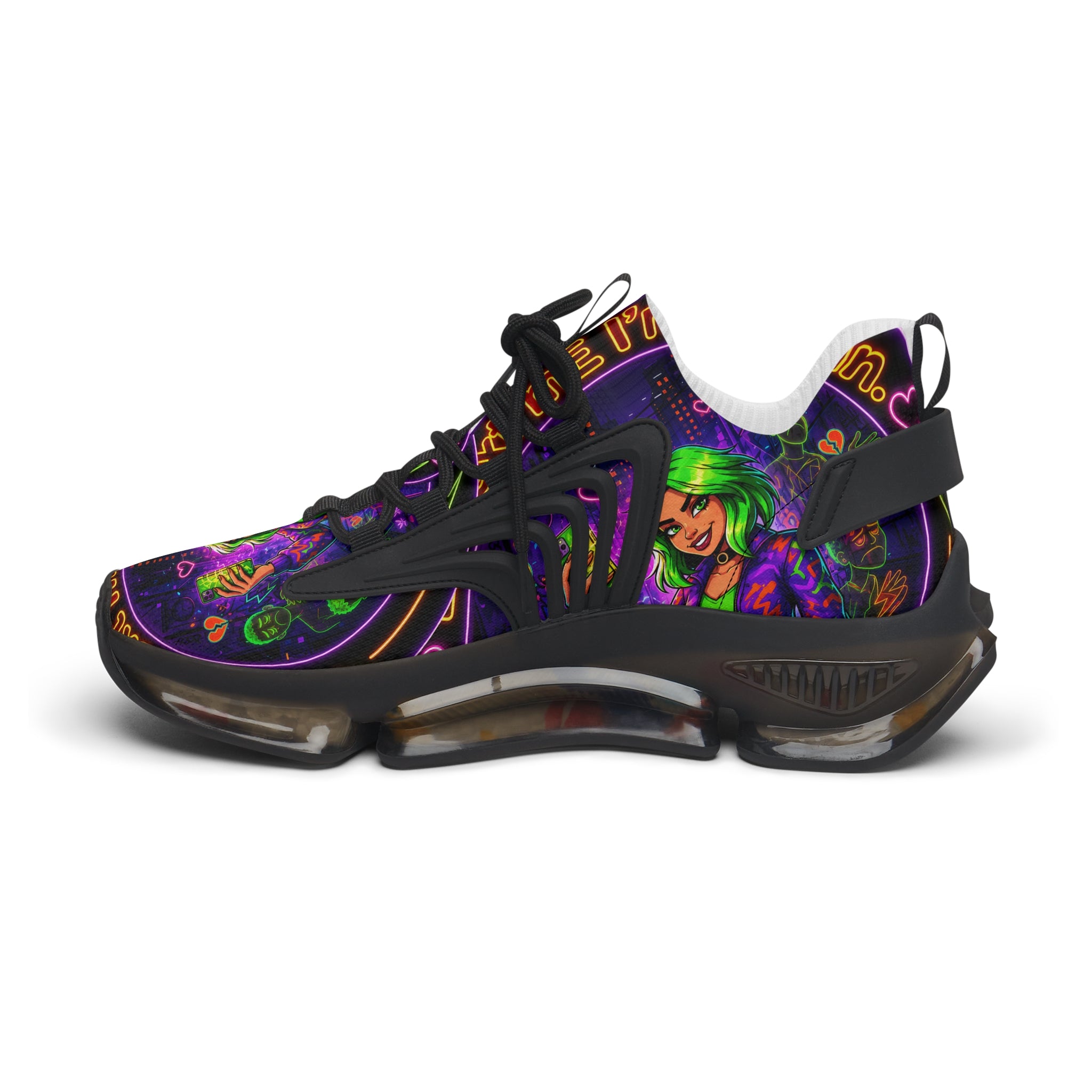 Mesh Sneakers — Neon Green Witch Graphic Athletic Shoes