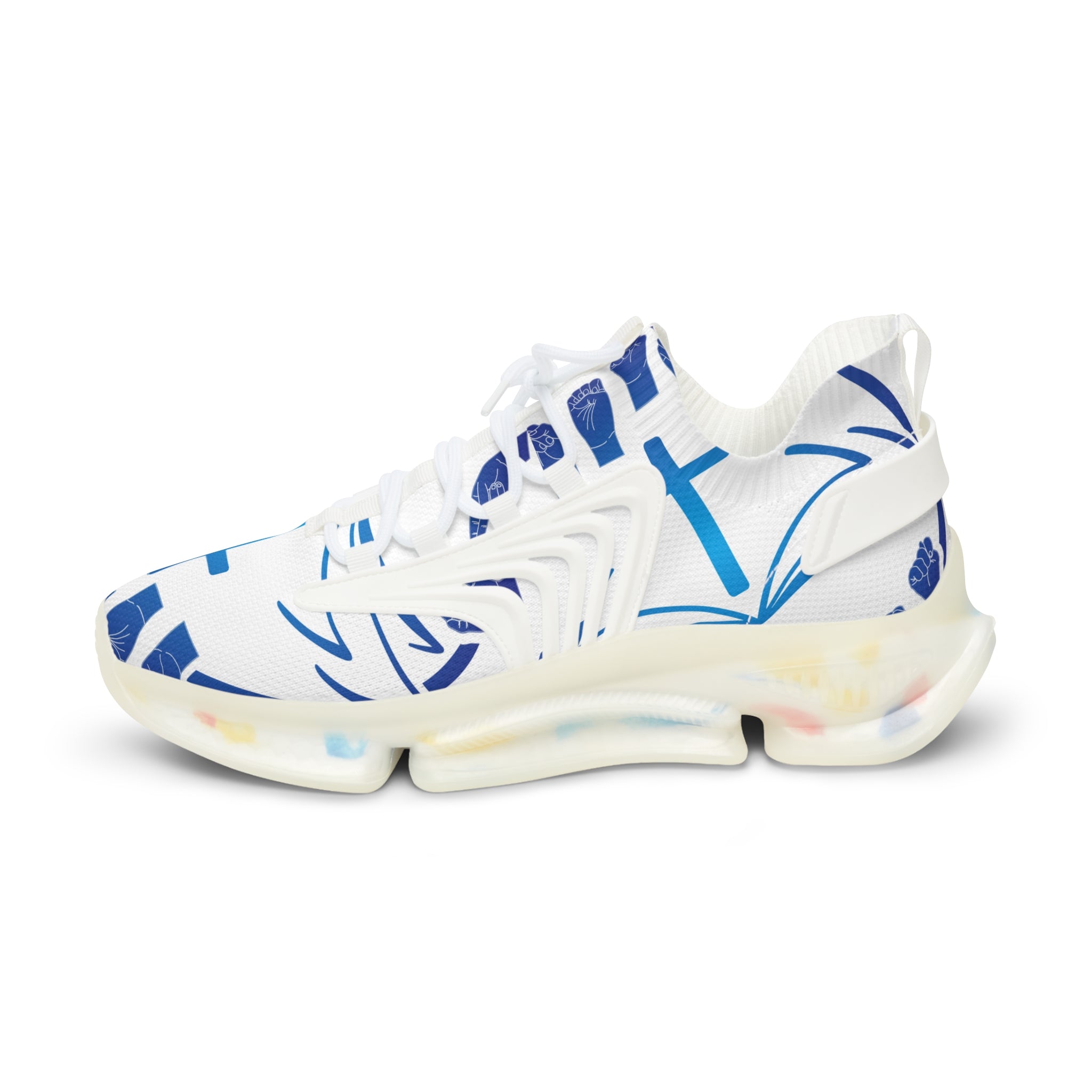 Men's White Athletic Sneakers with Blue Cross Graphic —"Sign Language Jesus Christ "Lightweight Mesh Running Shoes