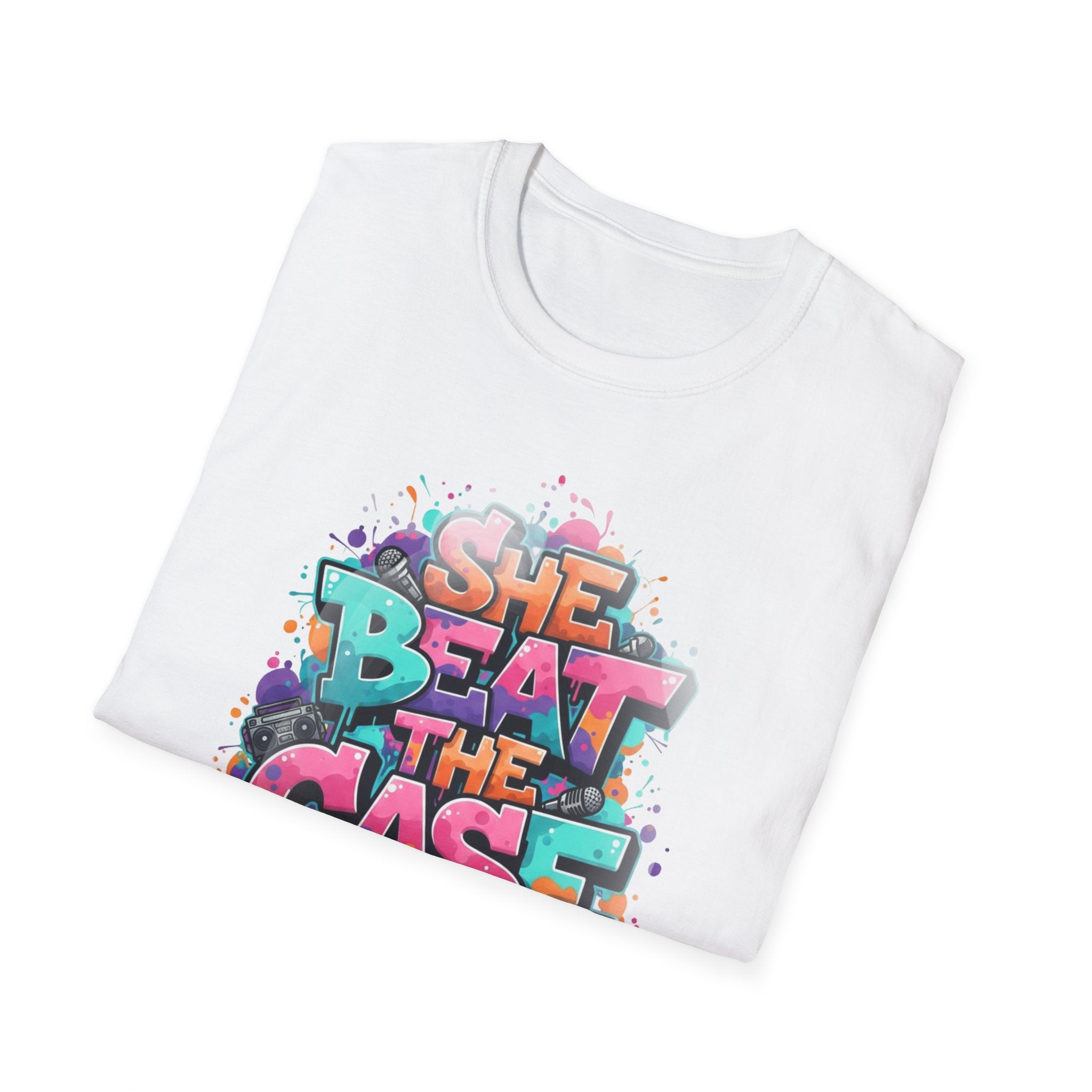 She Beat the Case Graphic T-Shirt — Colorful Graffiti Survivor Tee