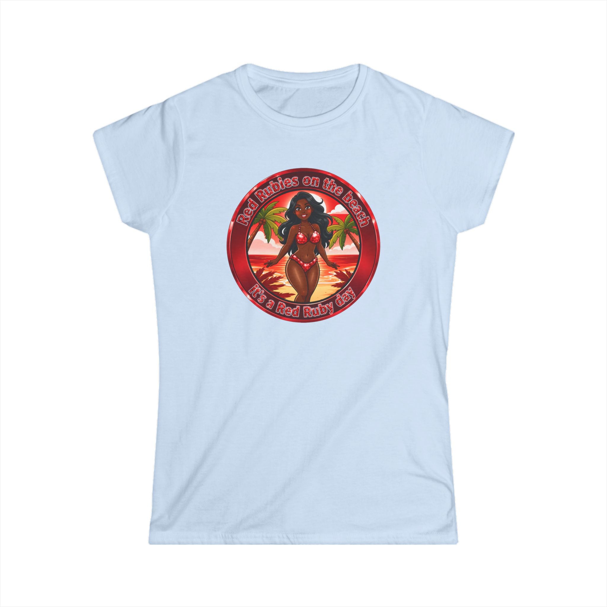 Tropical Pinup Tee — "Red Rubies On The Beach" Vintage Bikini Graphic