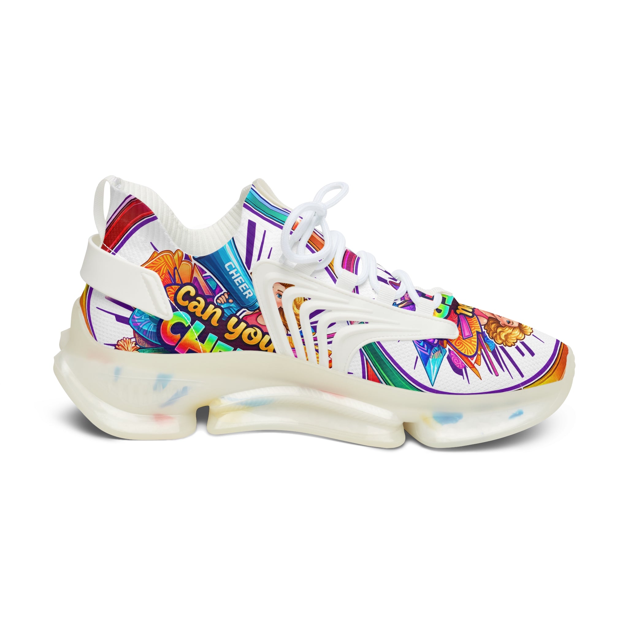 Colorful Cheerleader Mesh Sneakers — "Can You Cheer?" Graphic Women's Athletic Shoes