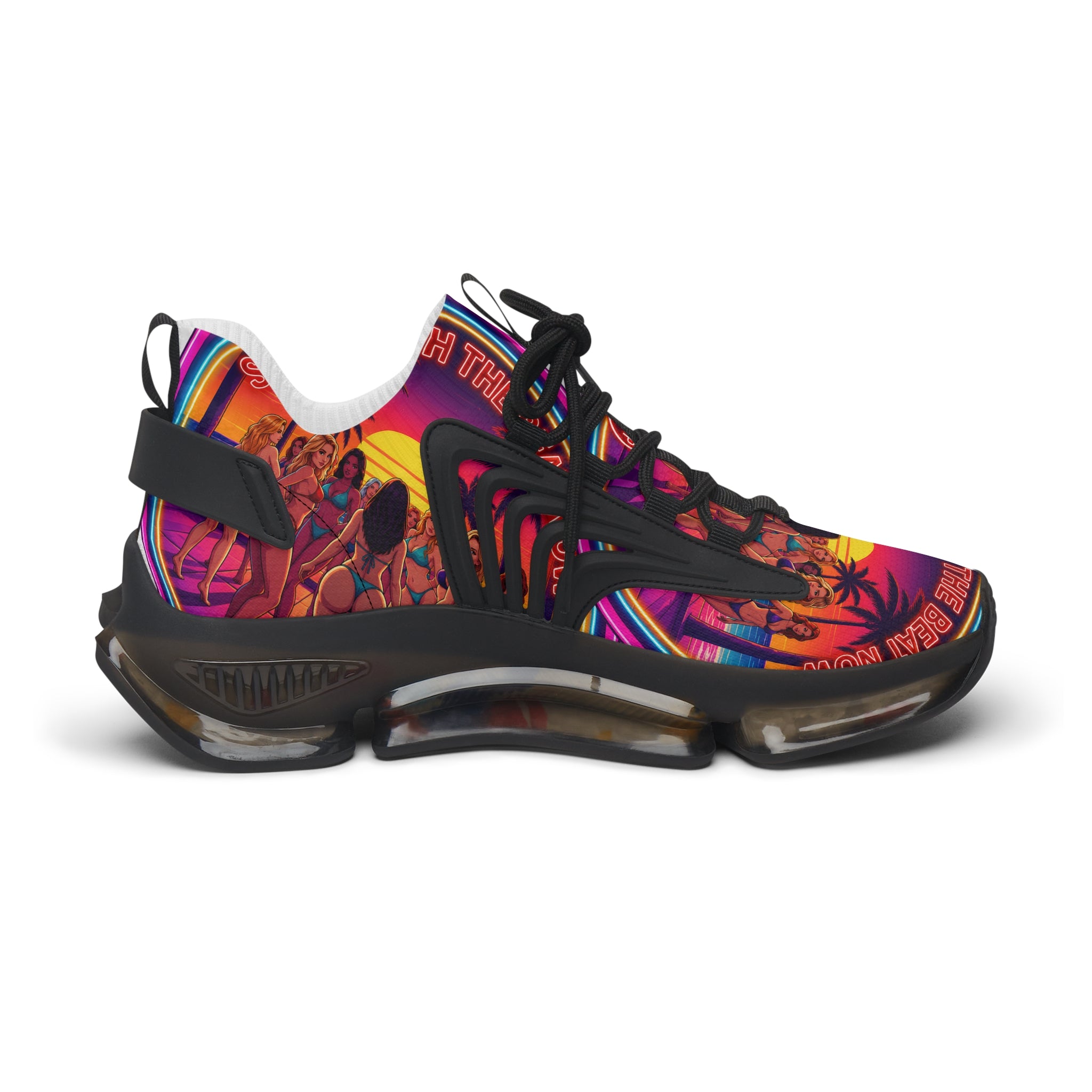 Women's Mesh Sneakers —"Slide With The Beat Now "Vibrant Retro Sunset Graphic Trainers