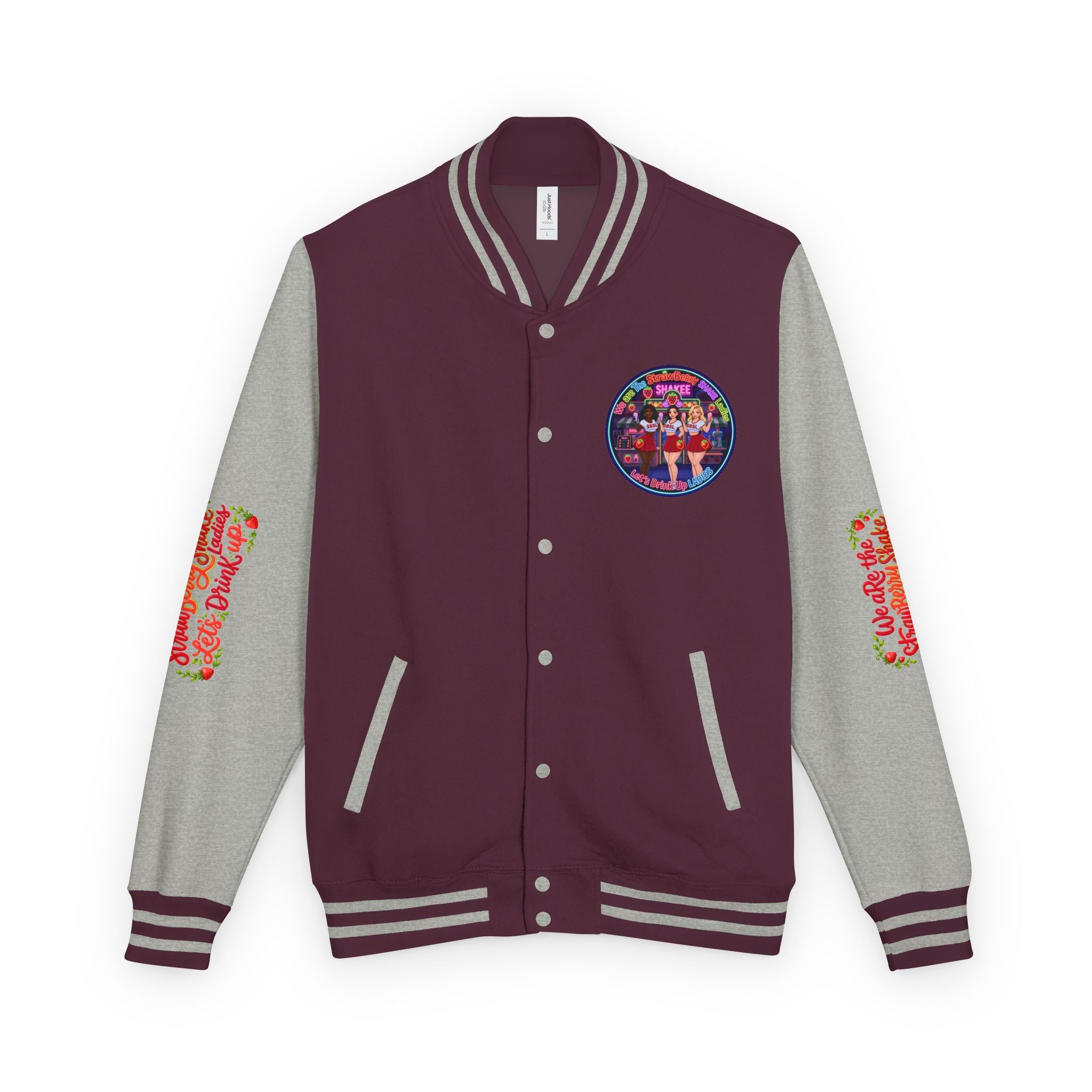 Letterman Jacket —" We Are The Strawberry Shake Ladies " Retro Shakee Cheer Graphic