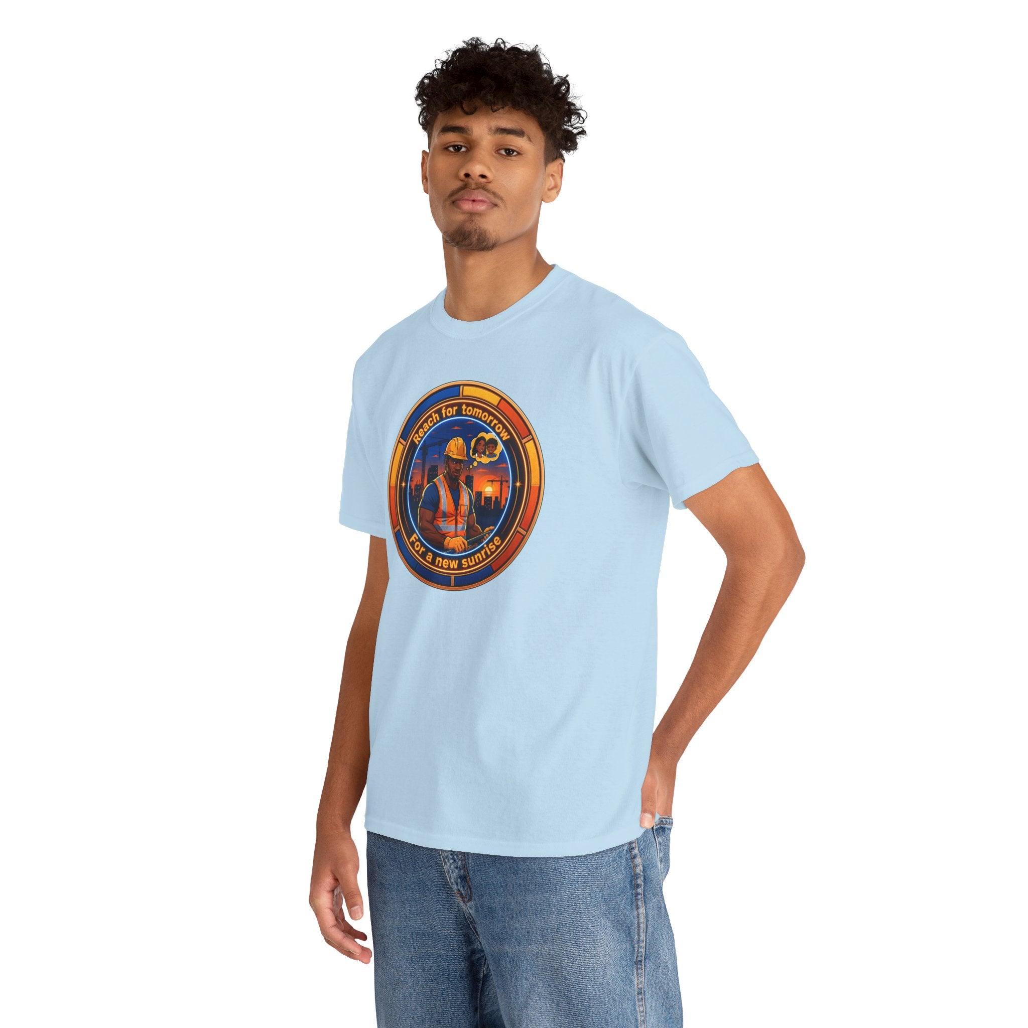 Construction Worker Sunset Tee — “Reach for Tomorrow ” Safety Crew T-Shirt