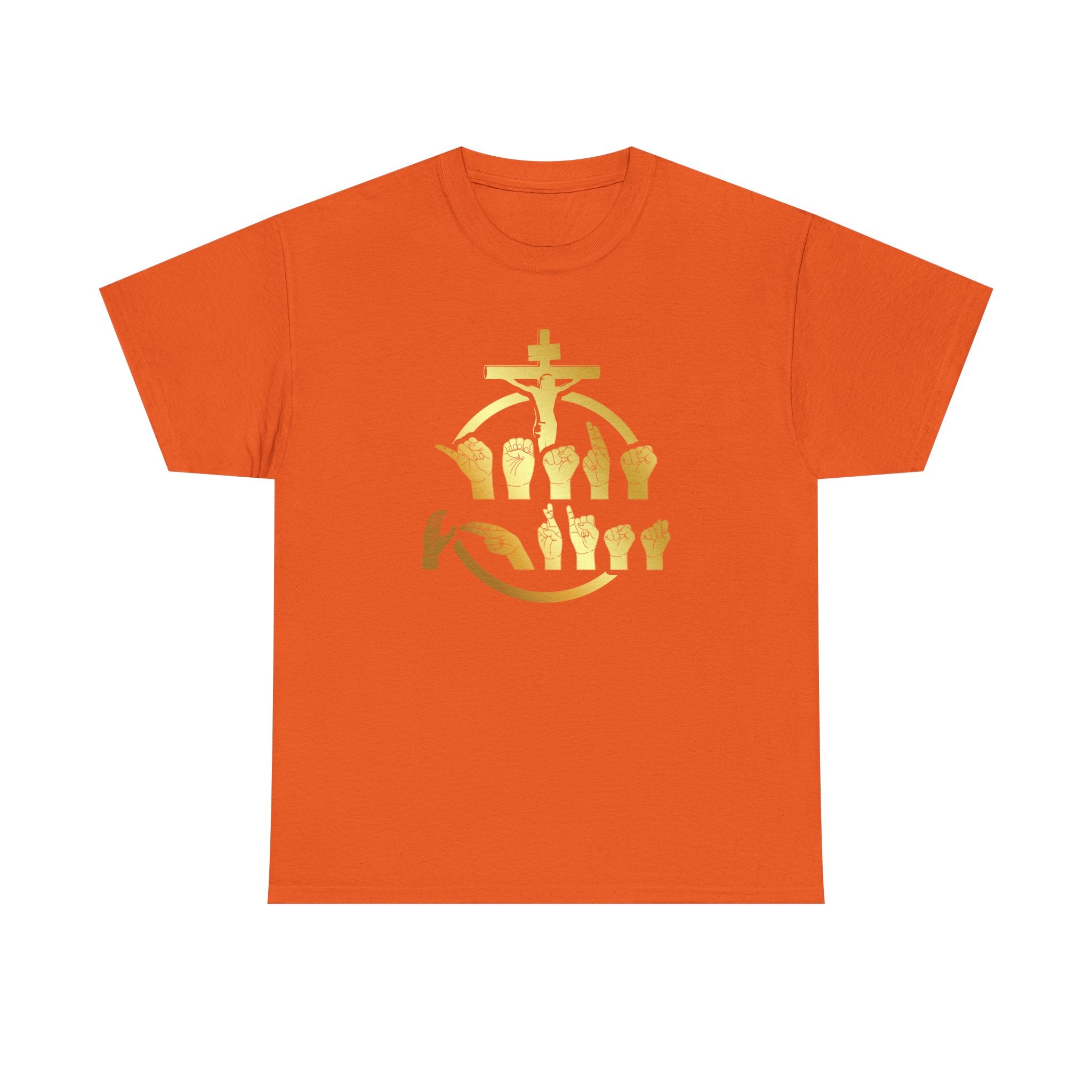 Christian Cross & Praying Hands T-Shirt — Gold Faith Design