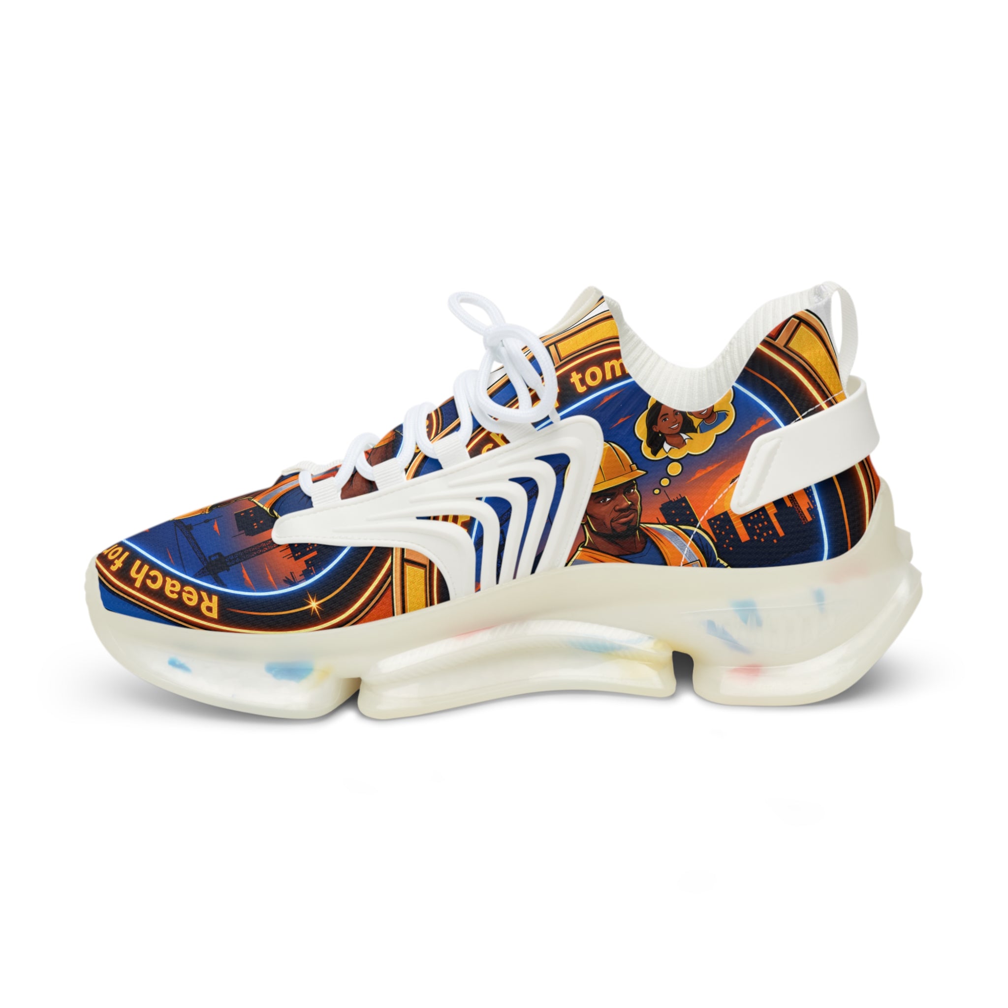 Men's Construction Worker Mesh Sneakers — 'Reach for Tomorrow' Graphic Athletic Shoes