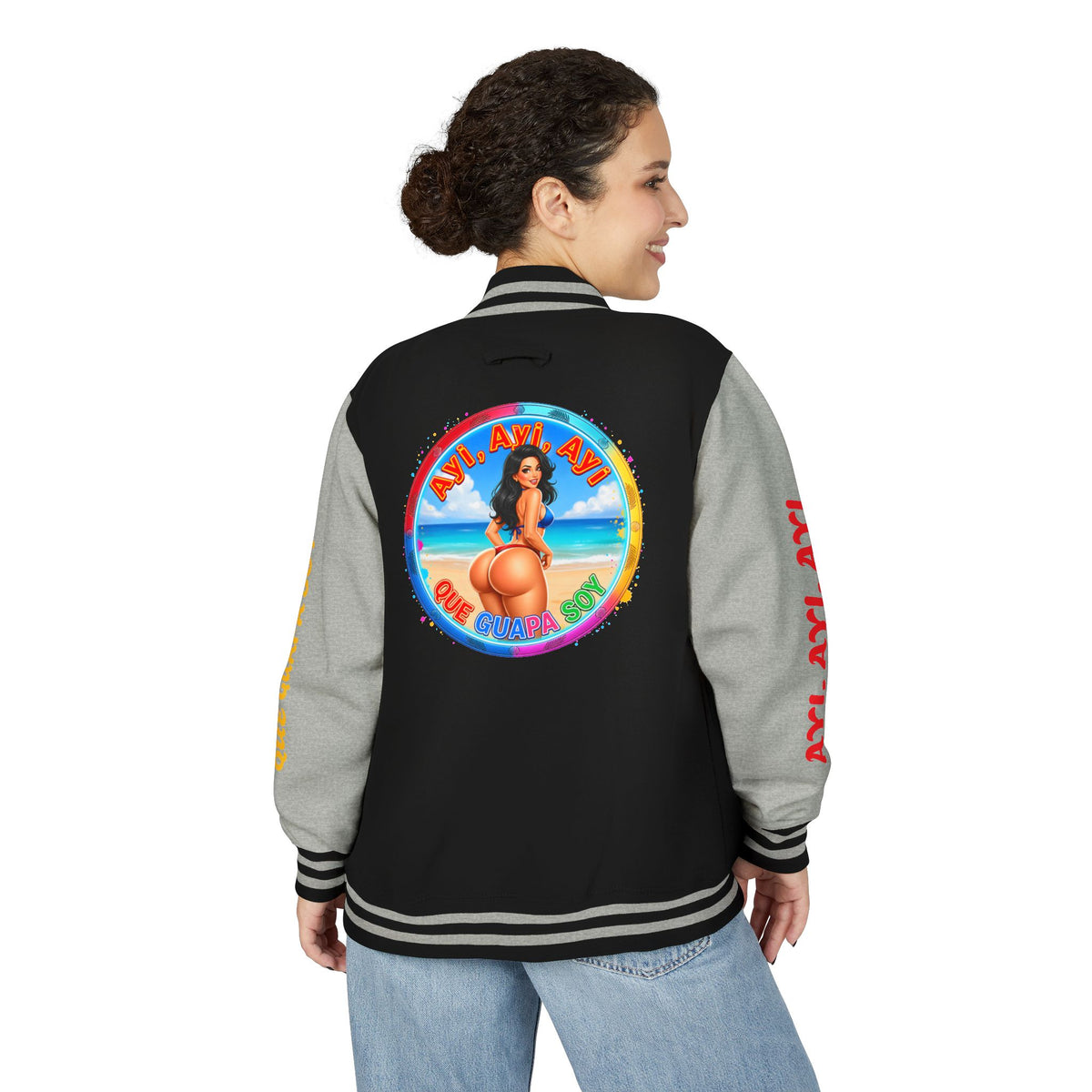 Letterman Jacket – Retro Beach Pinup Varsity Jacket with 'Ayi Ayi Ayi' Graphic