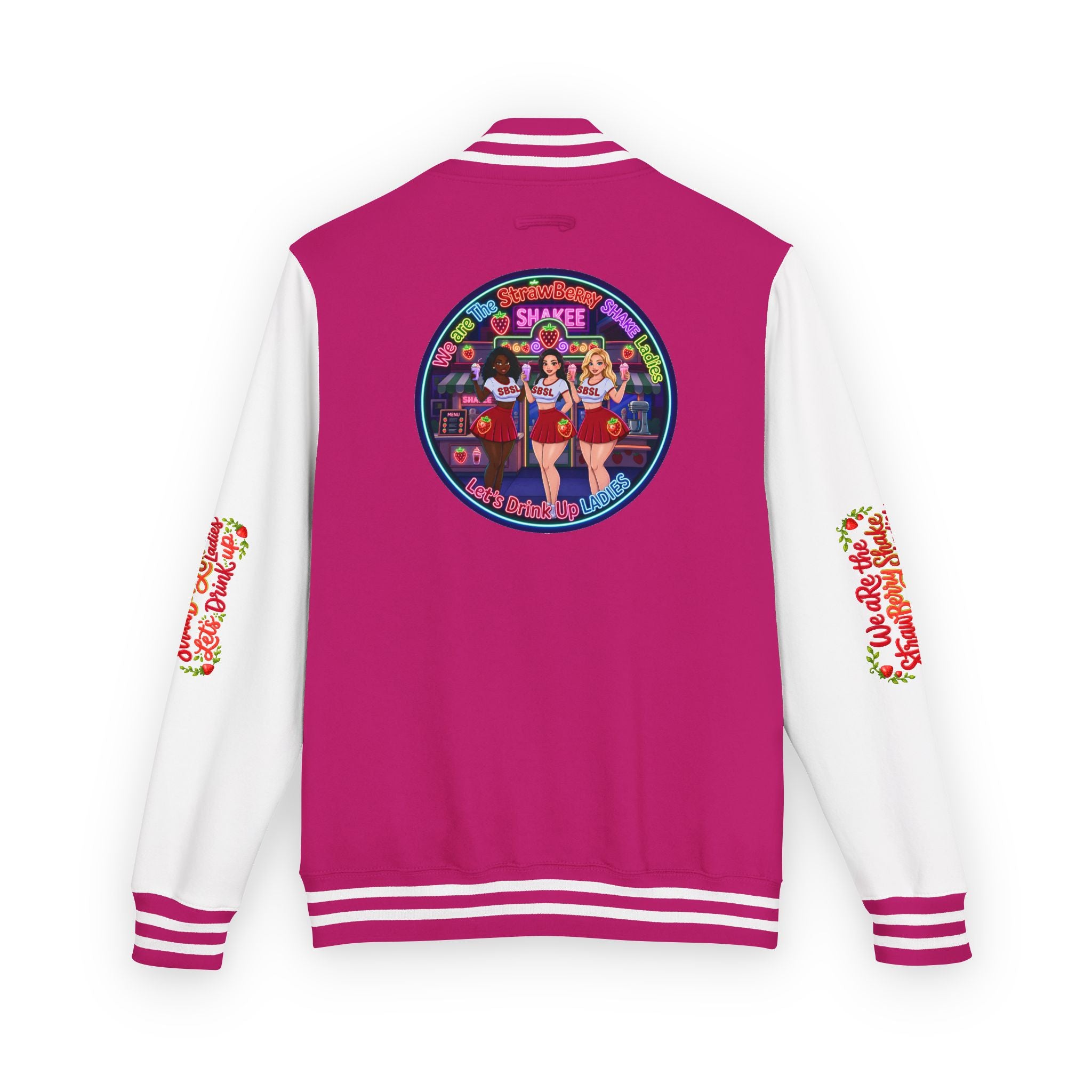 Letterman Jacket —" We Are The Strawberry Shake Ladies " Retro Shakee Cheer Graphic