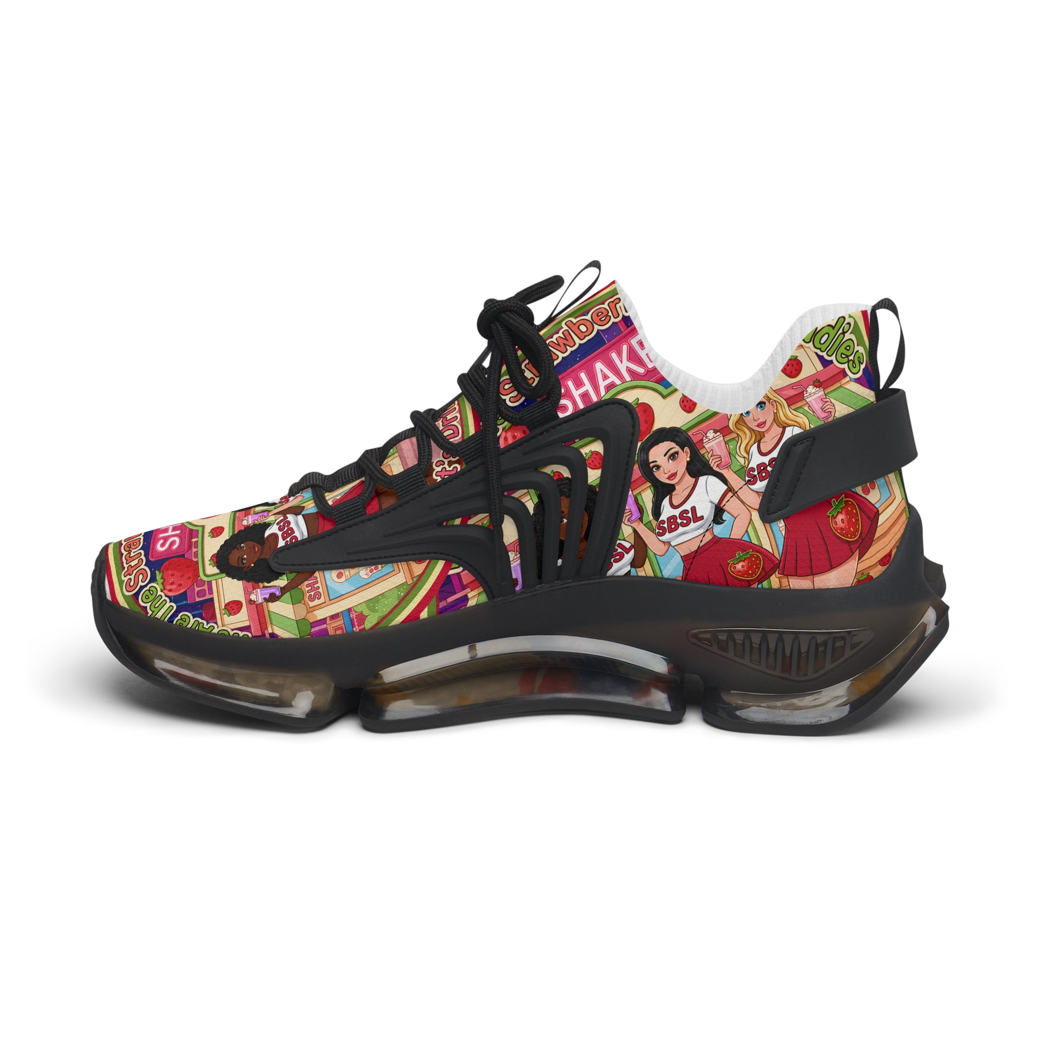 Women's Mesh Sneakers  "Strawberry Shake "— Colorful Retro Doll Print Athletic Shoes