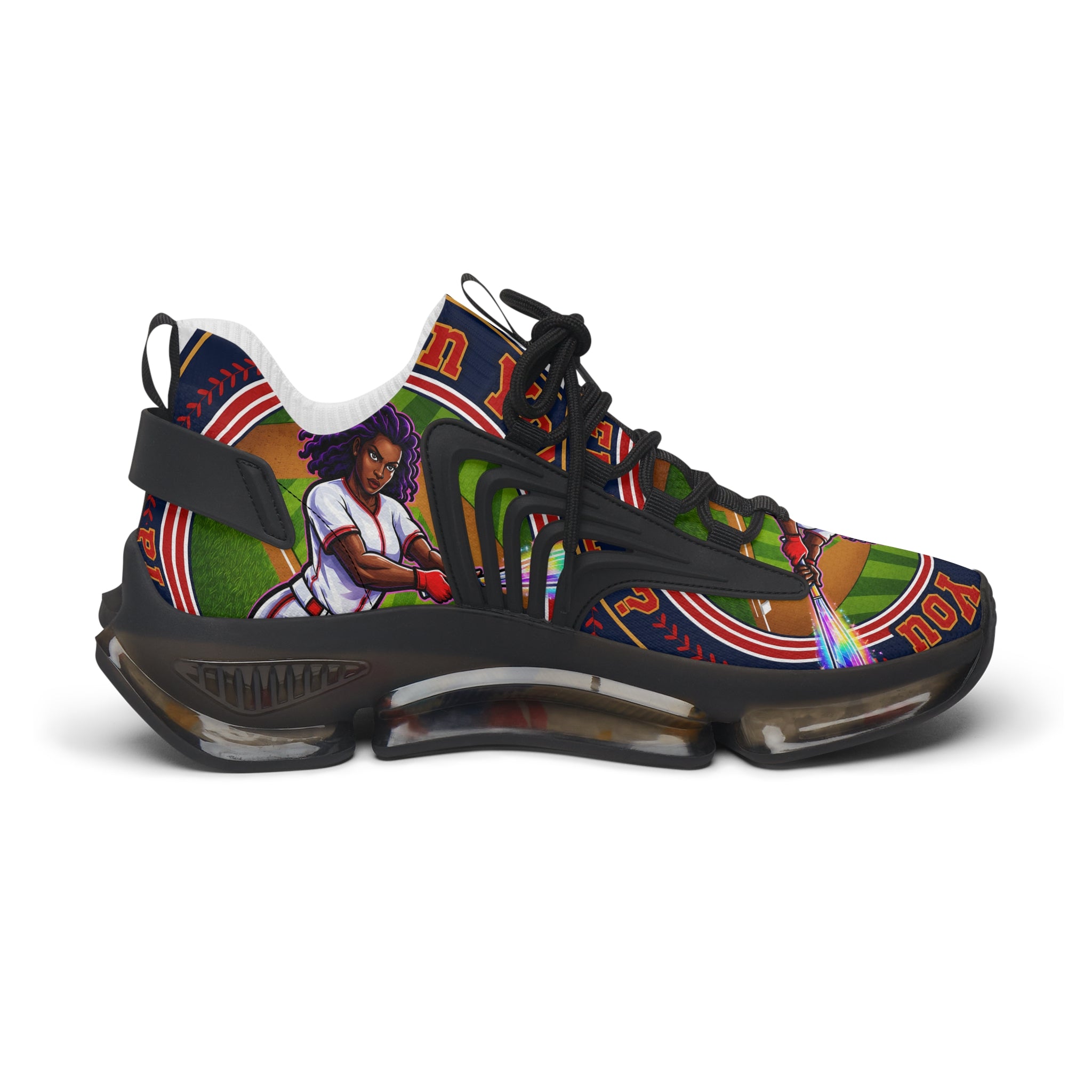 Women's Mesh Sneakers — " Can You Play Baseball "Vibrant Afrocentric Athletic Shoes with 'I Can You' Graphic