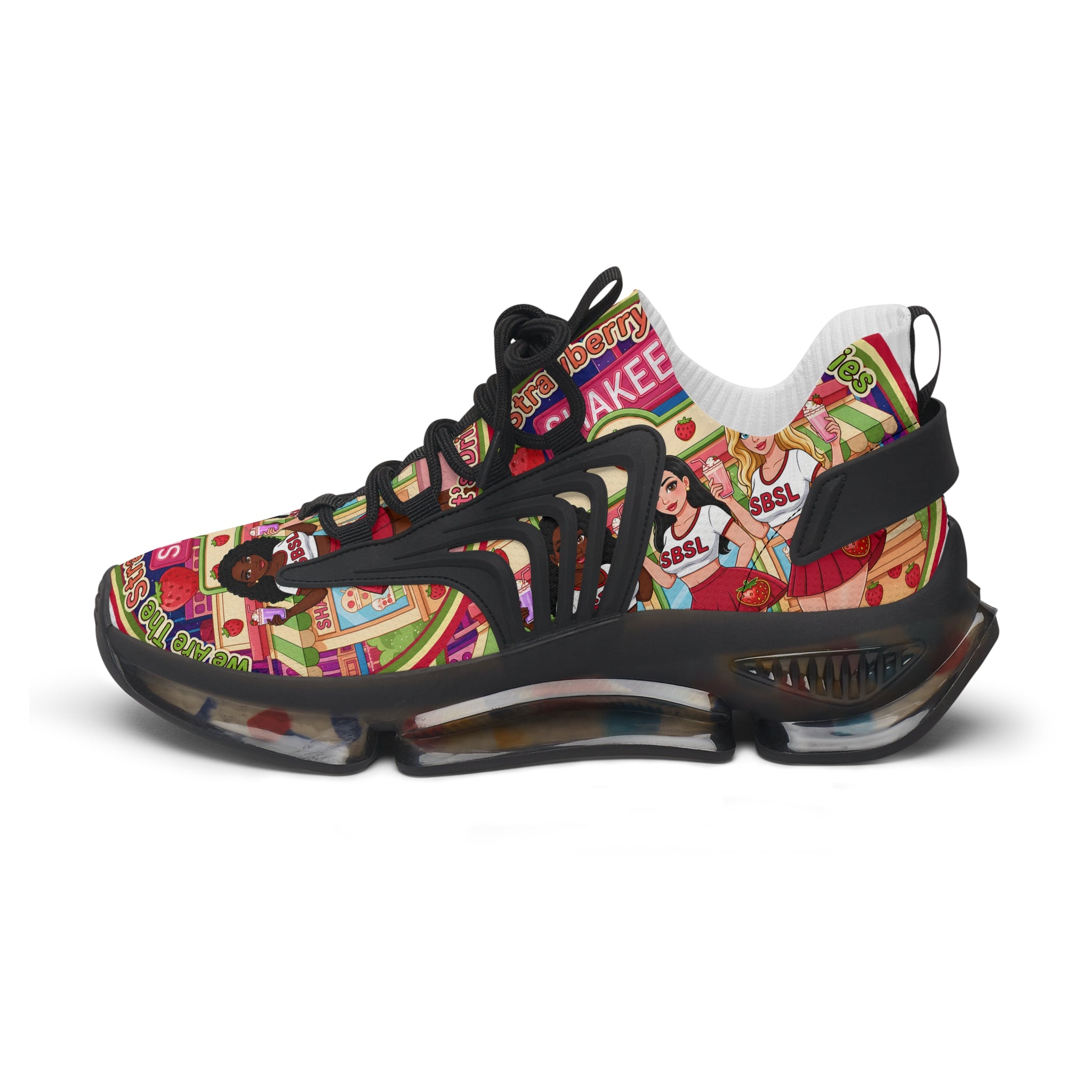 Women's Mesh Sneakers  "Strawberry Shake "— Colorful Retro Doll Print Athletic Shoes