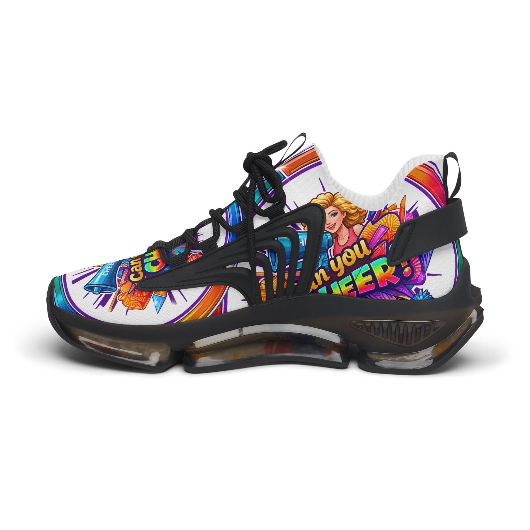 Colorful Cheerleader Mesh Sneakers — "Can You Cheer?" Graphic Women's Athletic Shoes