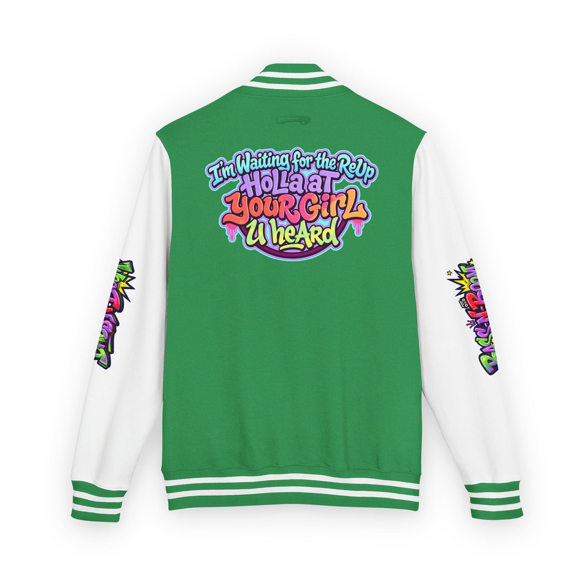 Letterman Jacket — "I'm Waiting For The Reup" Colorful Retro Hip‑Hop Varsity
