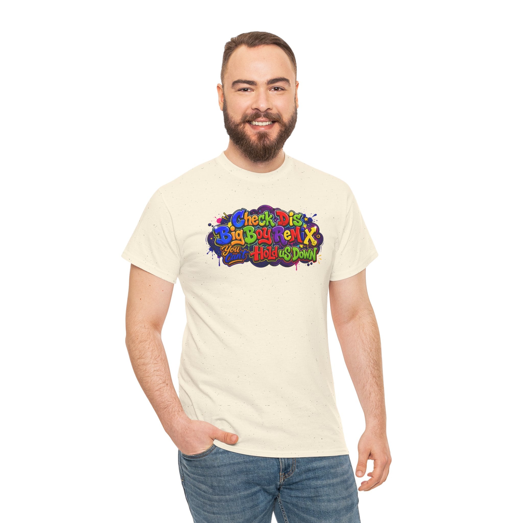 Graphic Tee — Colorful 'Check Dis Big Boy Remix' Retro Street Art T-Shirt