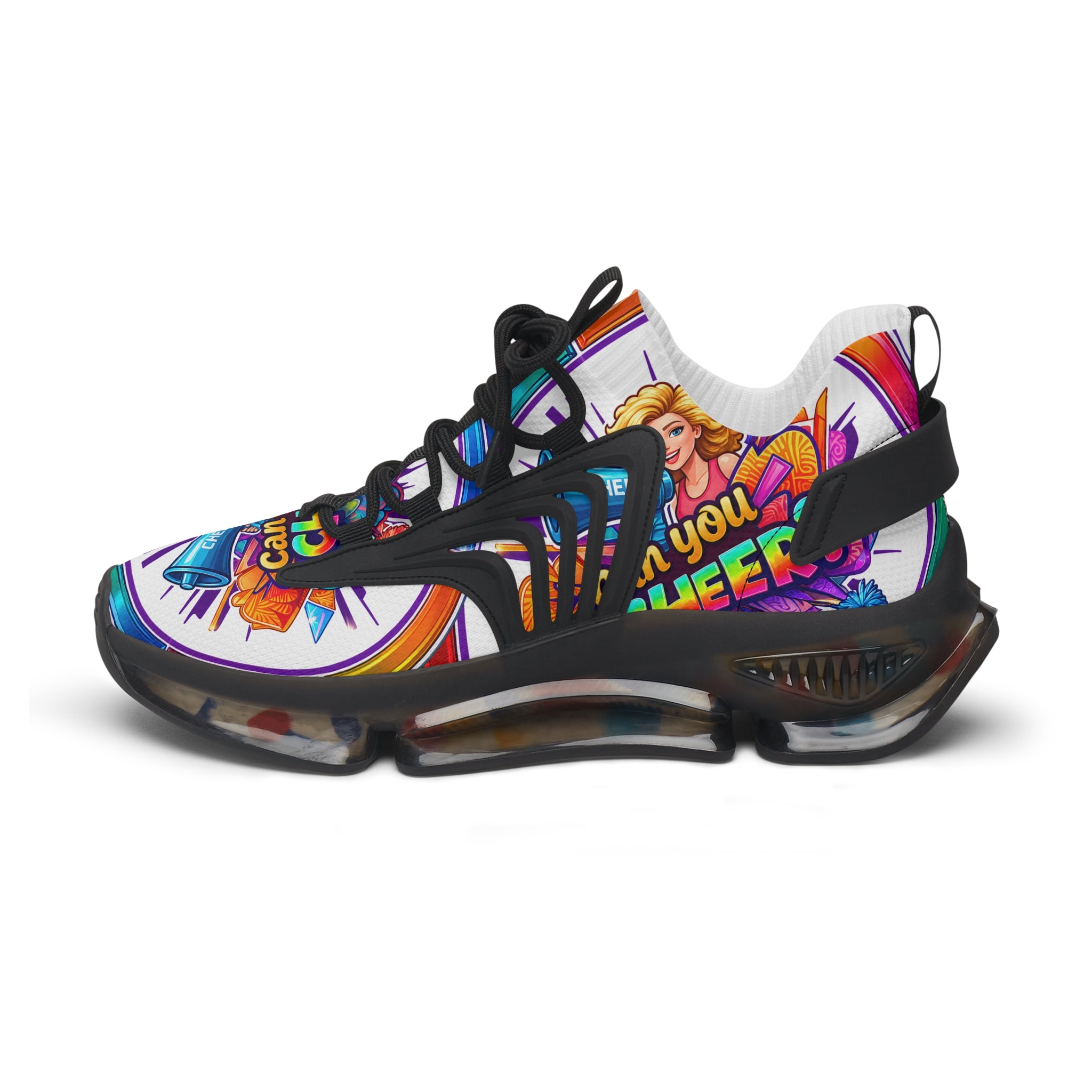 Colorful Cheerleader Mesh Sneakers — "Can You Cheer?" Graphic Women's Athletic Shoes