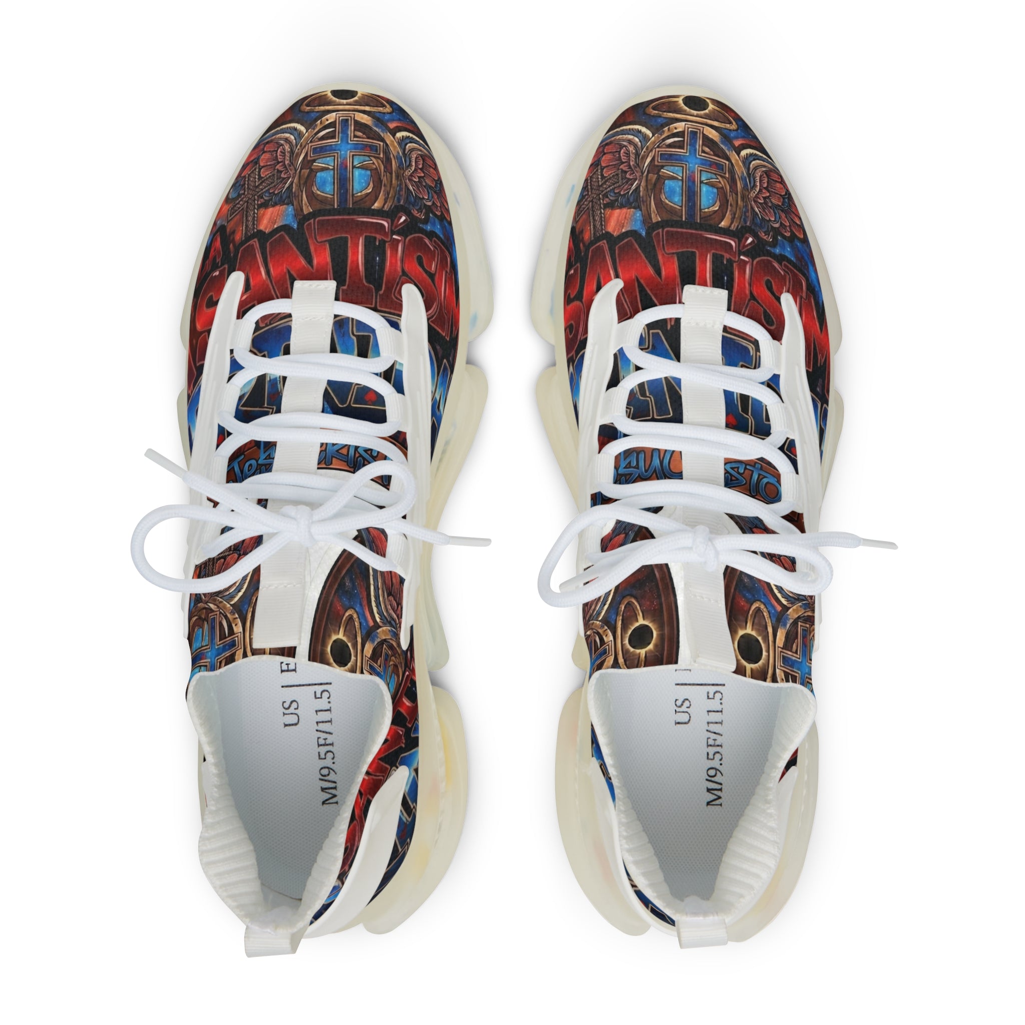 Men's Abstract Red Blue Athletic Sneakers — "La Santísima Tranidad"  Bold Pattern Mesh Running Shoes