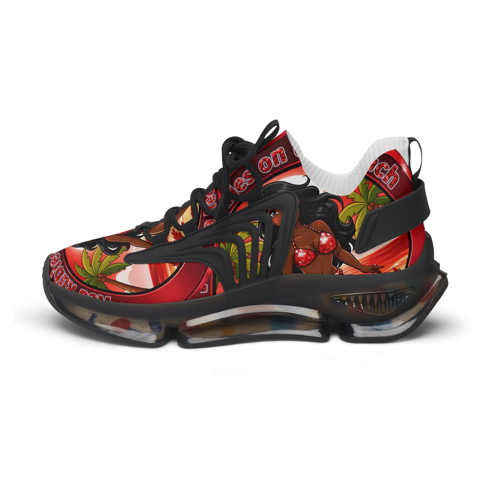 Women’s Mesh Sneakers —"Red Rubies On The Beach" Tropical Pinup Graphic Athletic Shoes