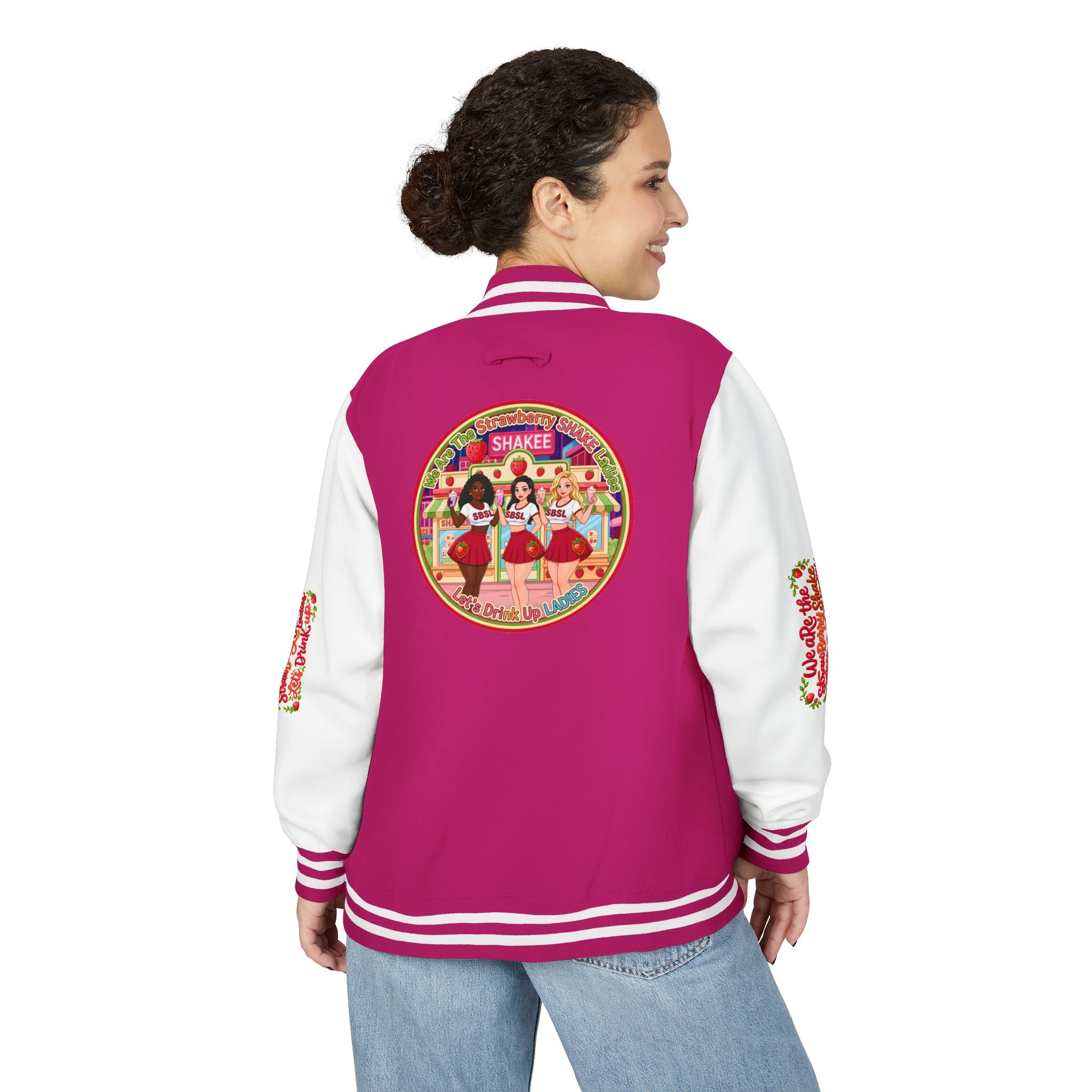 Letterman Jacket — " We Are The Strawberry Shake Ladies " Retro 'Shakee' Strawberry Girls Varsity Jacket