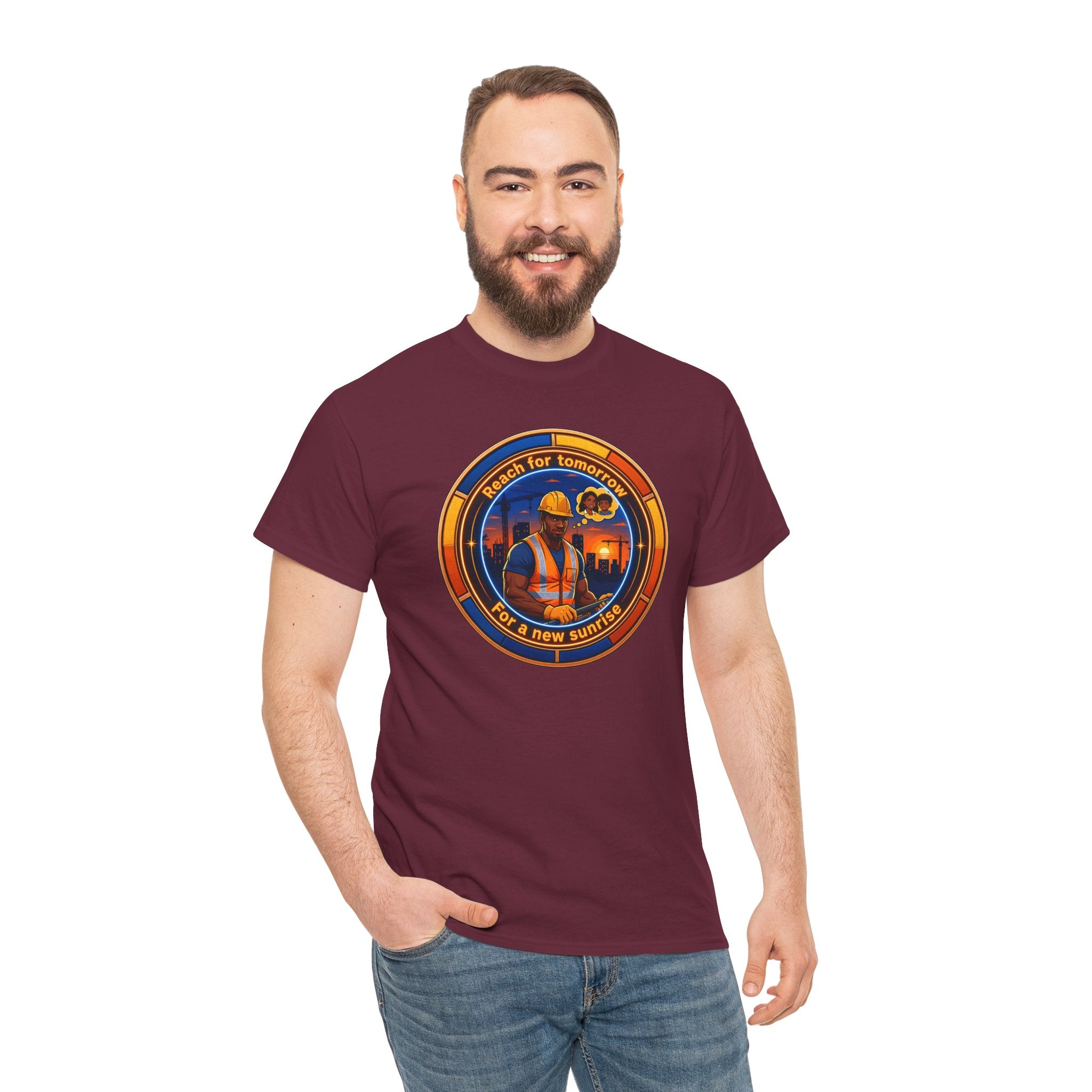 Construction Worker Sunset Tee — “Reach for Tomorrow ” Safety Crew T-Shirt
