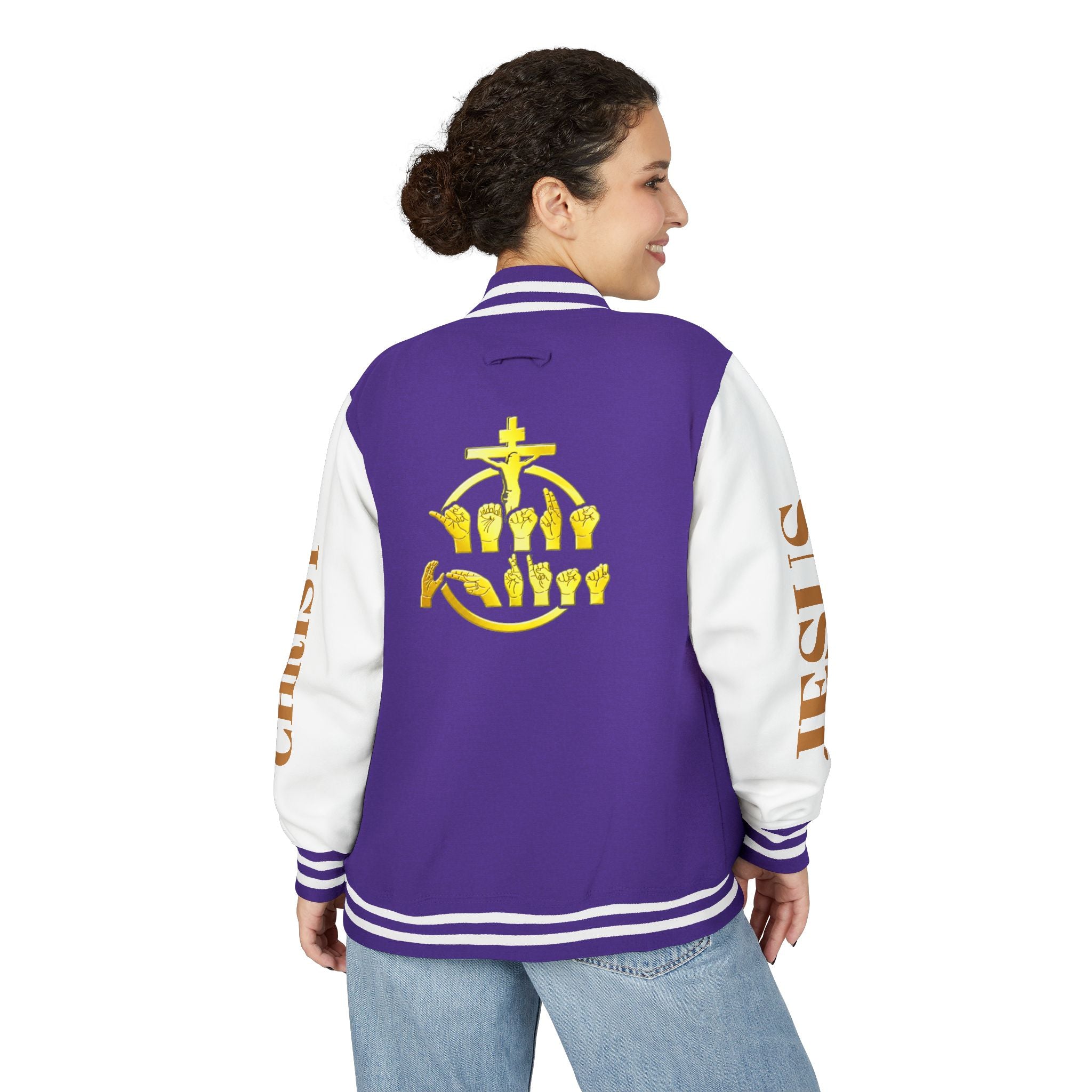 "Sign language Jesus Christ "     Christian Crown Letterman Jacket - 'Jesus Christ' Sleeve Varsity Jacket