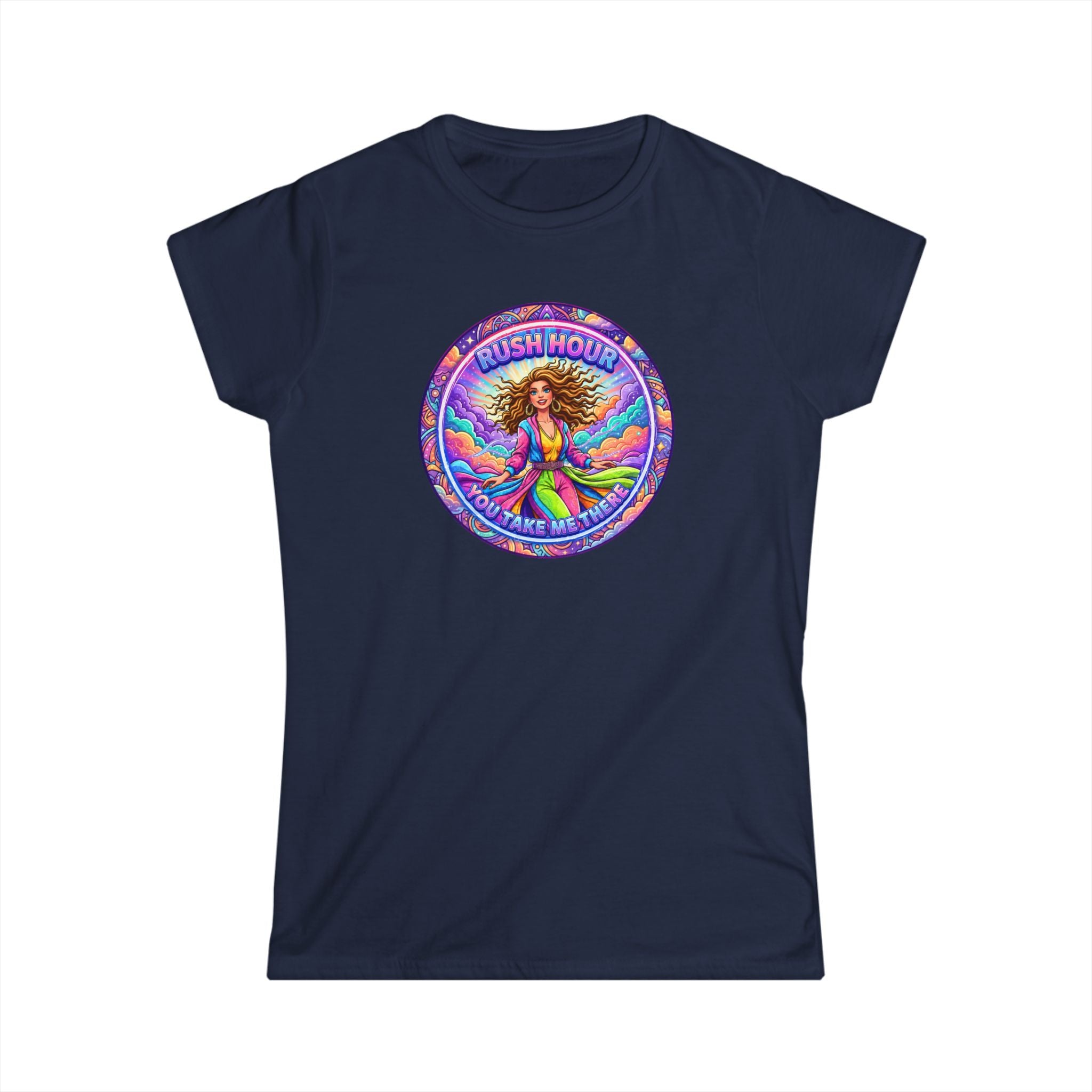 Women's Tee — “Rush Hour” Colorful Retro Hippie Graphic