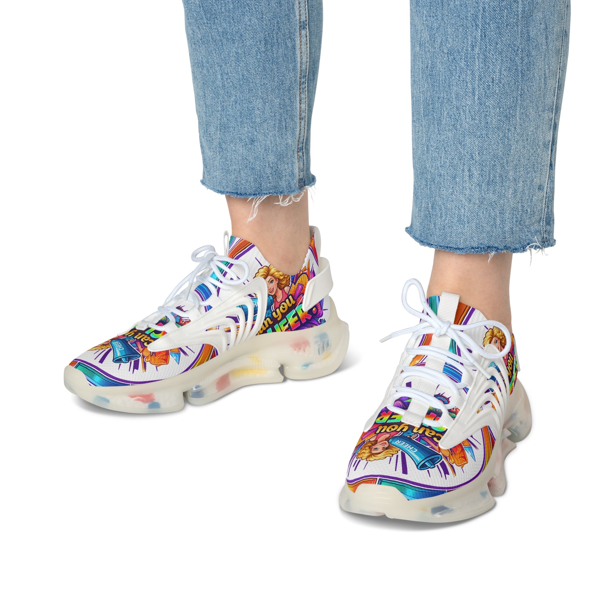 Colorful Cheerleader Mesh Sneakers — "Can You Cheer?" Graphic Women's Athletic Shoes