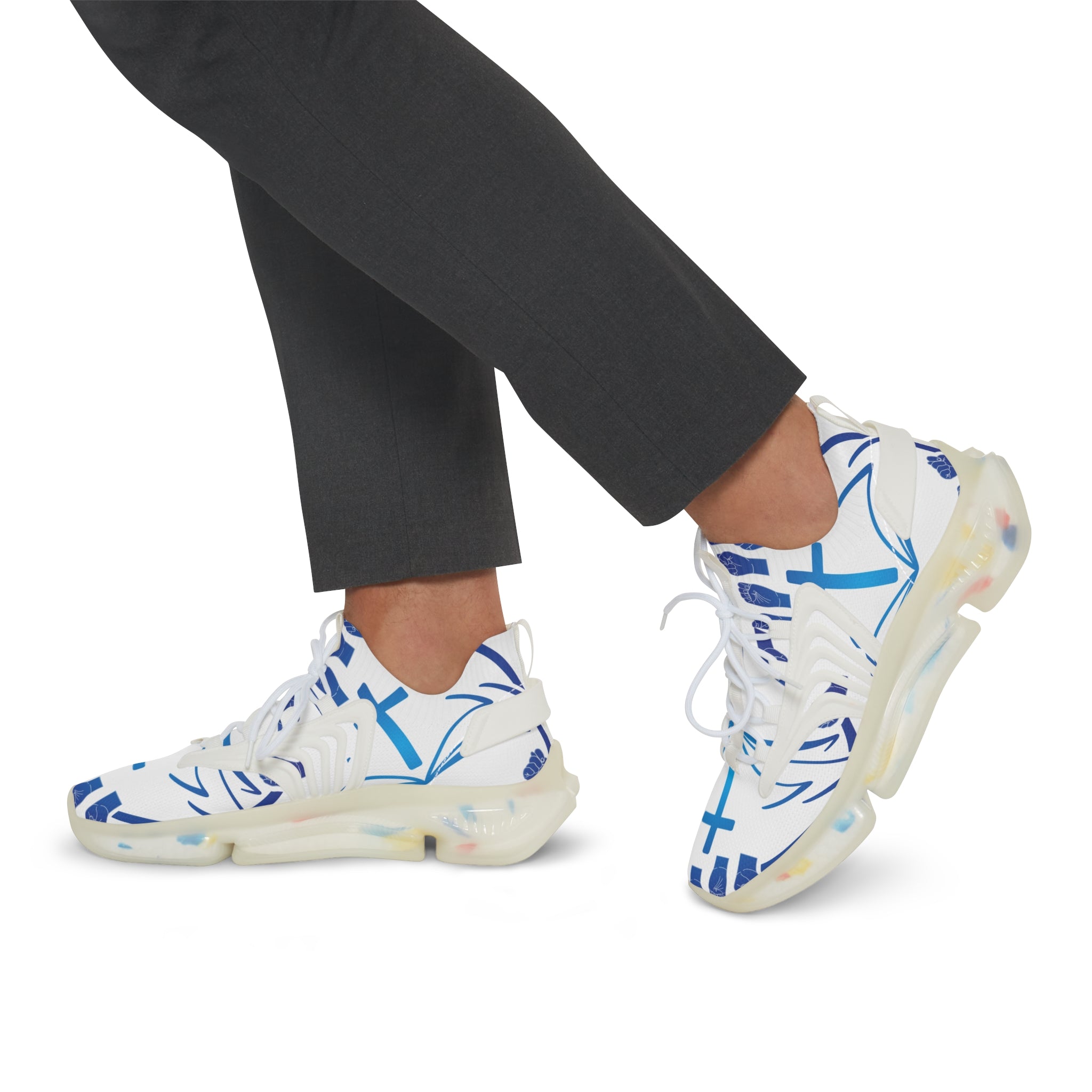 Men's White Athletic Sneakers with Blue Cross Graphic —"Sign Language Jesus Christ "Lightweight Mesh Running Shoes