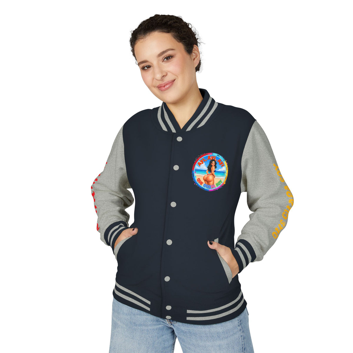 Letterman Jacket – Retro Beach Pinup Varsity Jacket with 'Ayi Ayi Ayi' Graphic