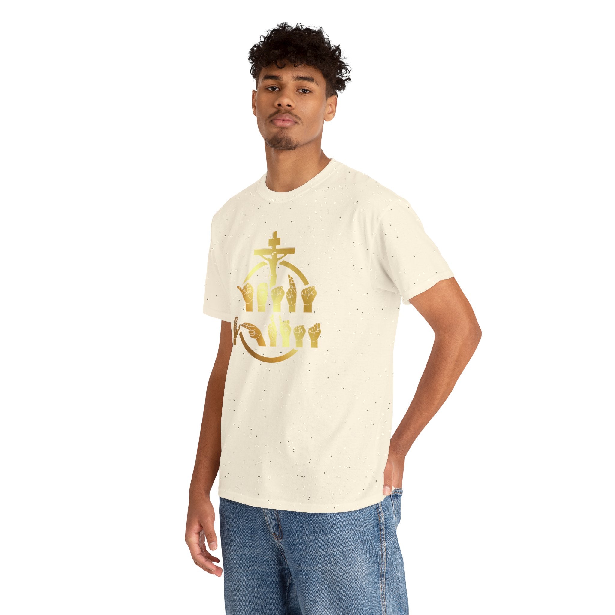 Christian Cross & Praying Hands T-Shirt — Gold Faith Design