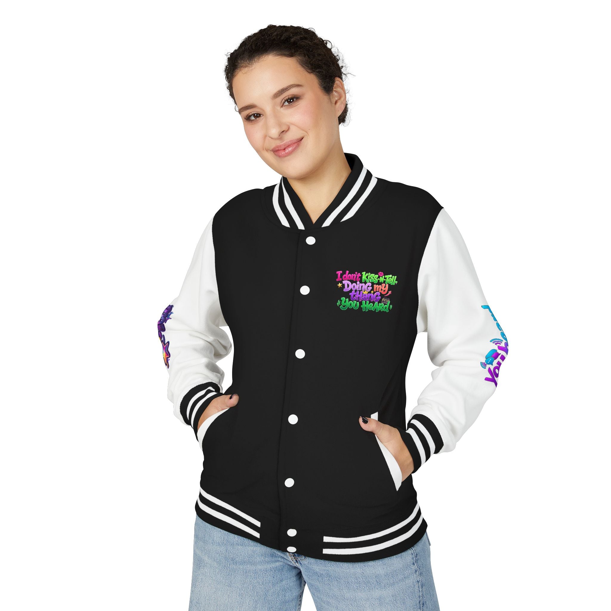 Letterman Jacket — "I Don't Kiss-N-Tell, Doing My Thang You Heard" Colorful Streetwear
