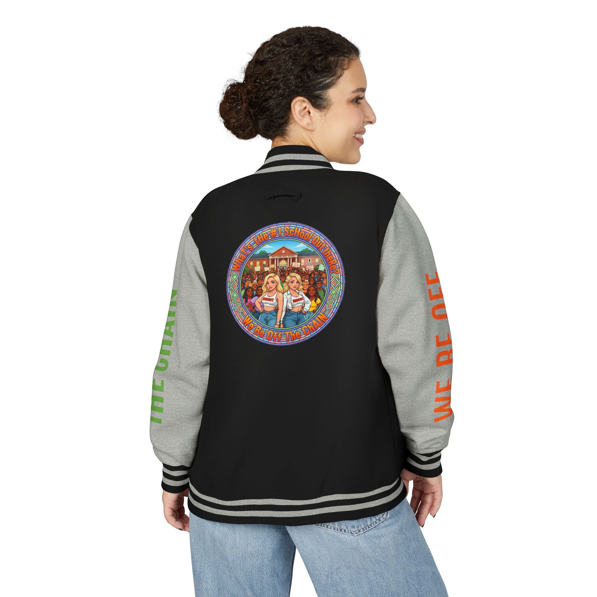 Retro Colorblock Letterman Jacket — 'We Be Off The Chain' Sleeve Print