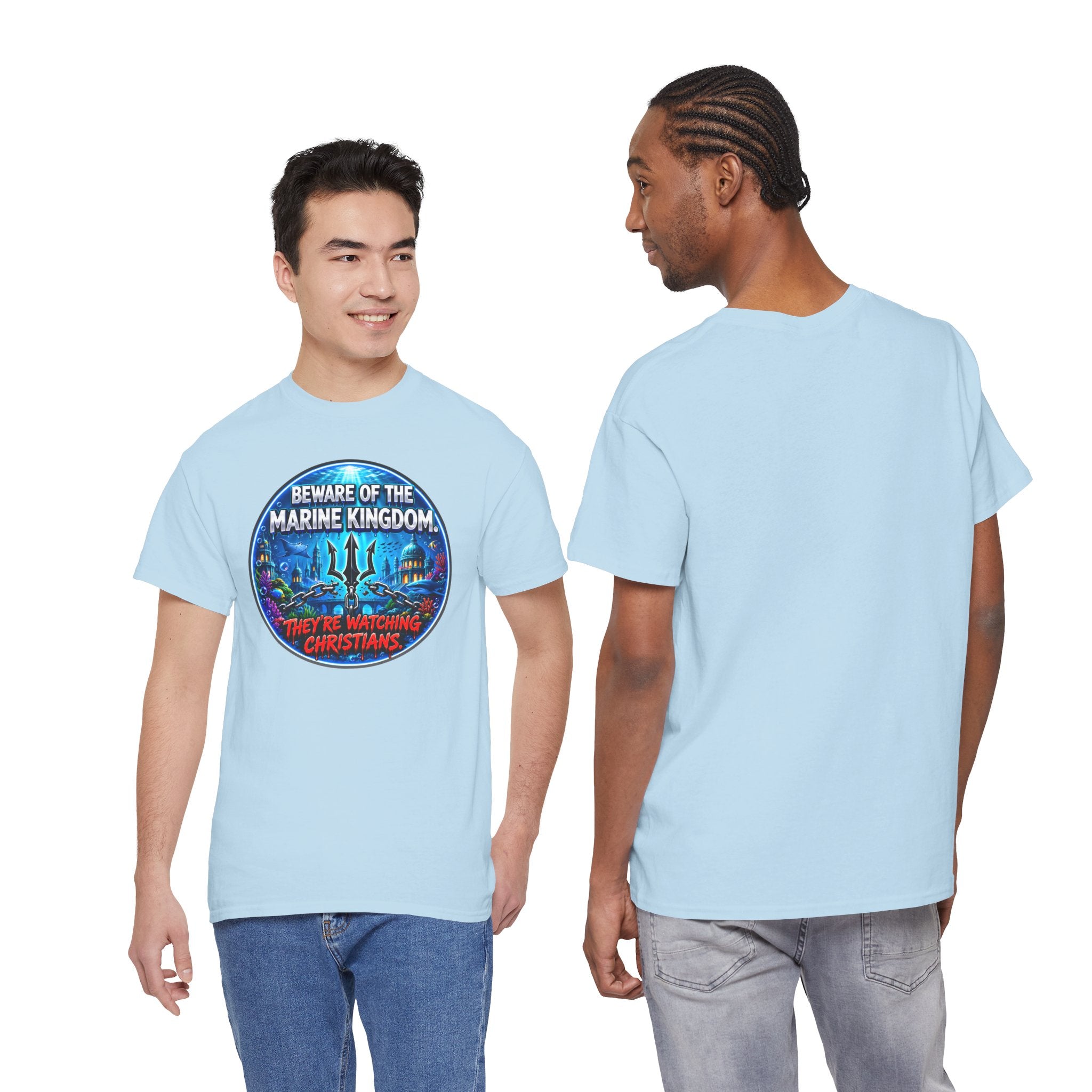 T‑Shirt — "Beware of the Marine Kingdom: They're Watching Christians" Vintage Ocean Graphic